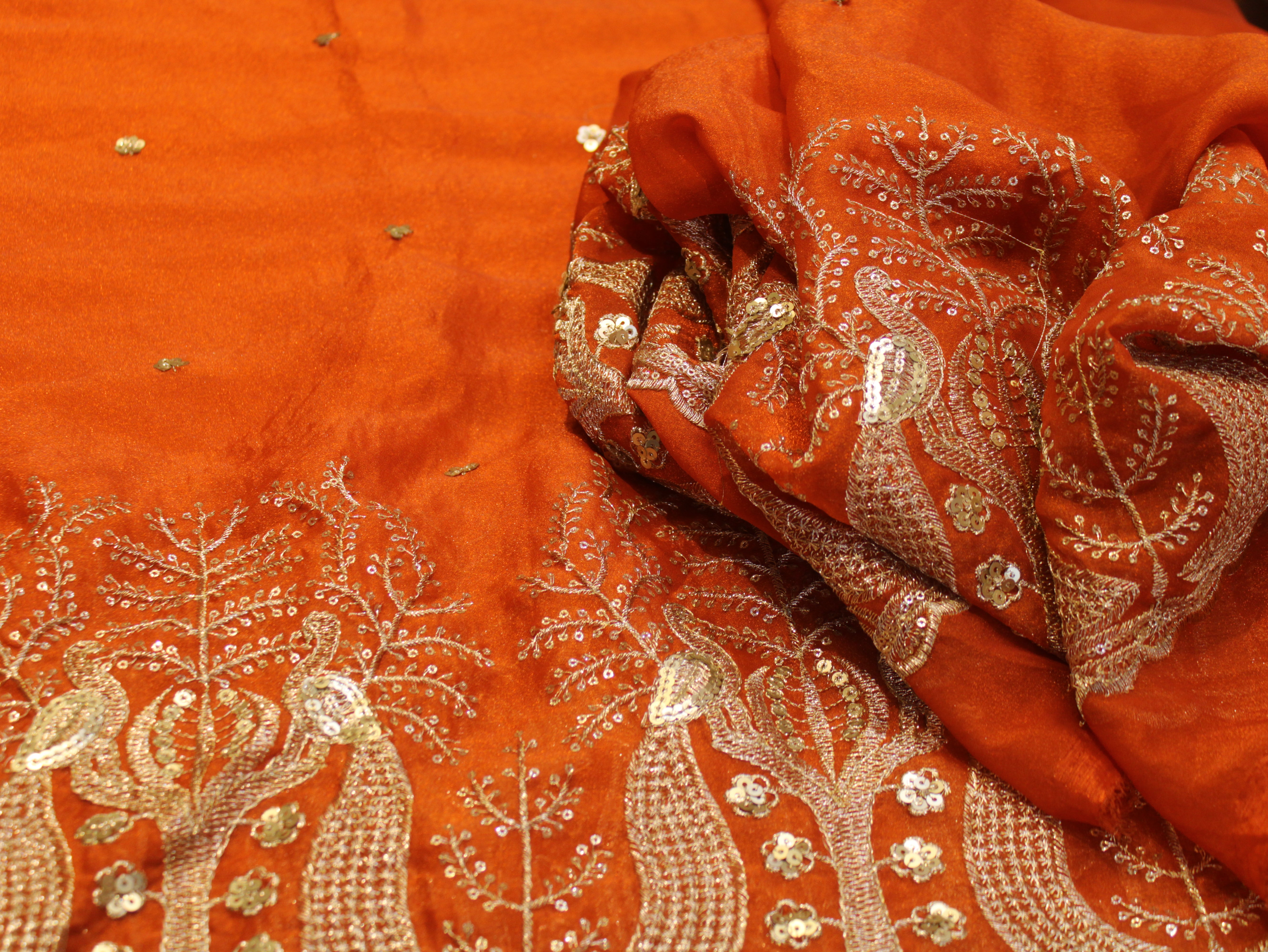 Soft Organza Tissue Fabric with Zari & Sequin Panel Work - Orange