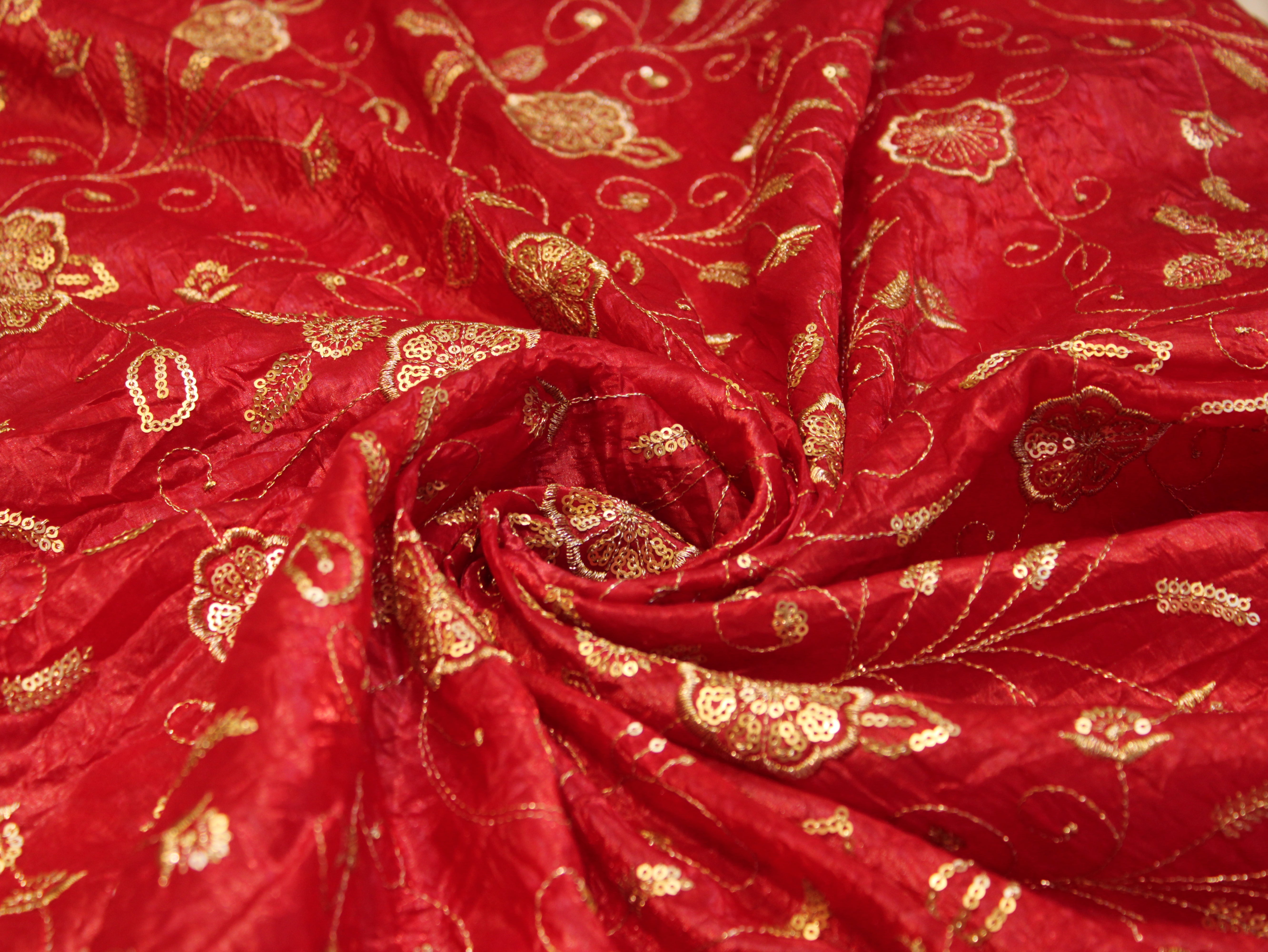 Soft Silk Organza Fabric with Sequin, Zari & Semi Bits Work - Red