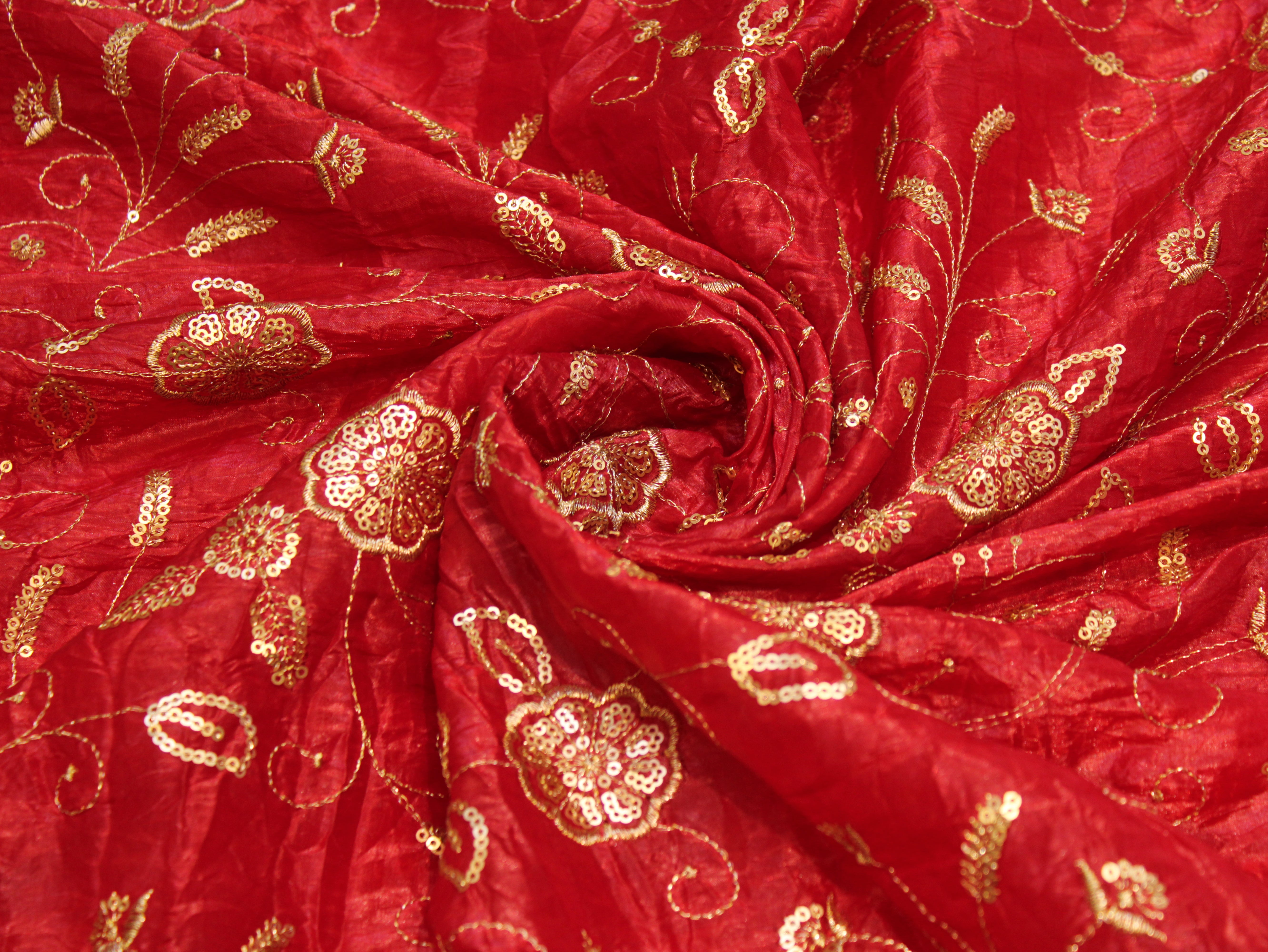 Soft Silk Organza Fabric with Sequin, Zari & Semi Bits Work - Red
