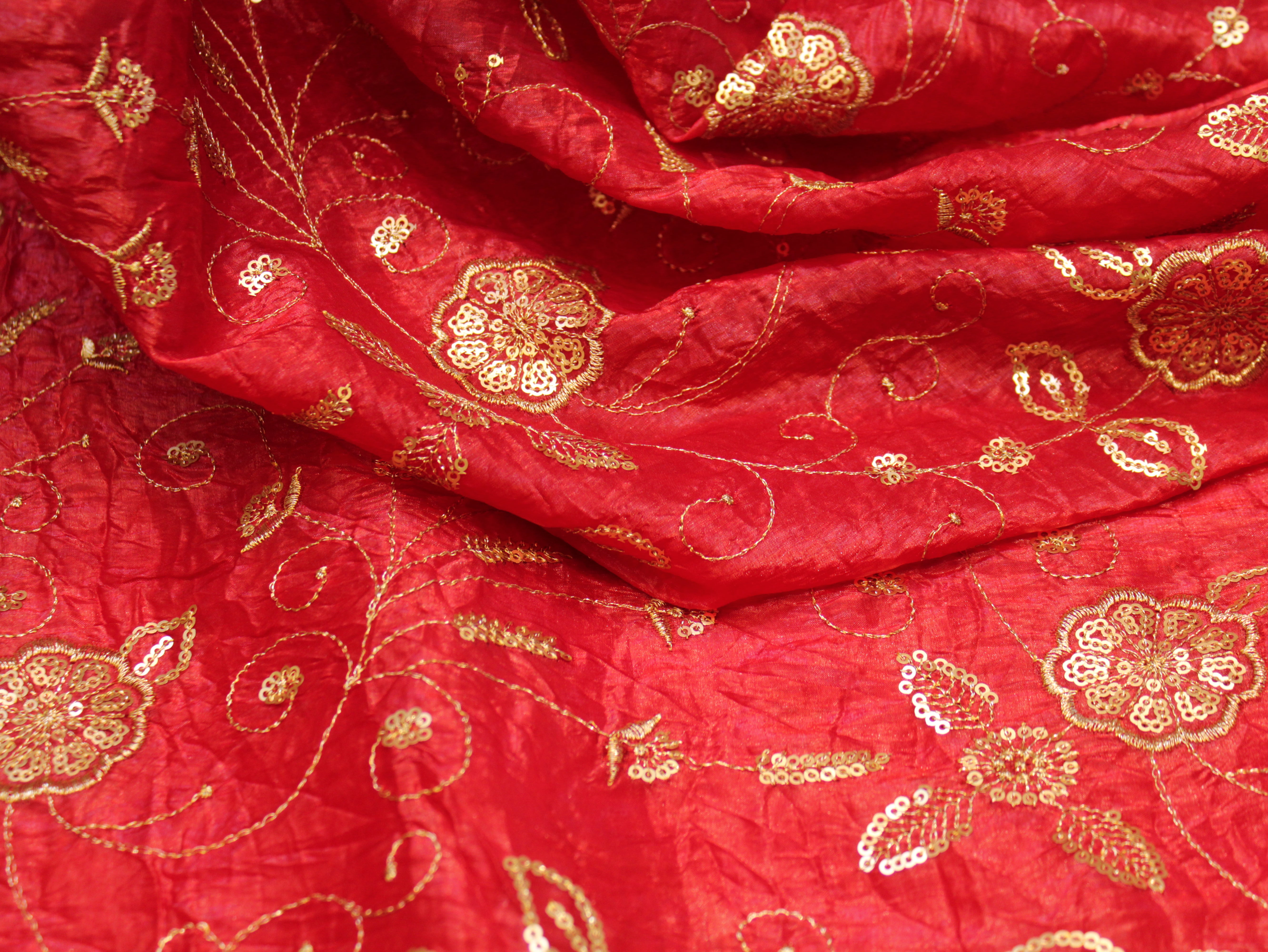 Soft Silk Organza Fabric with Sequin, Zari & Semi Bits Work - Red