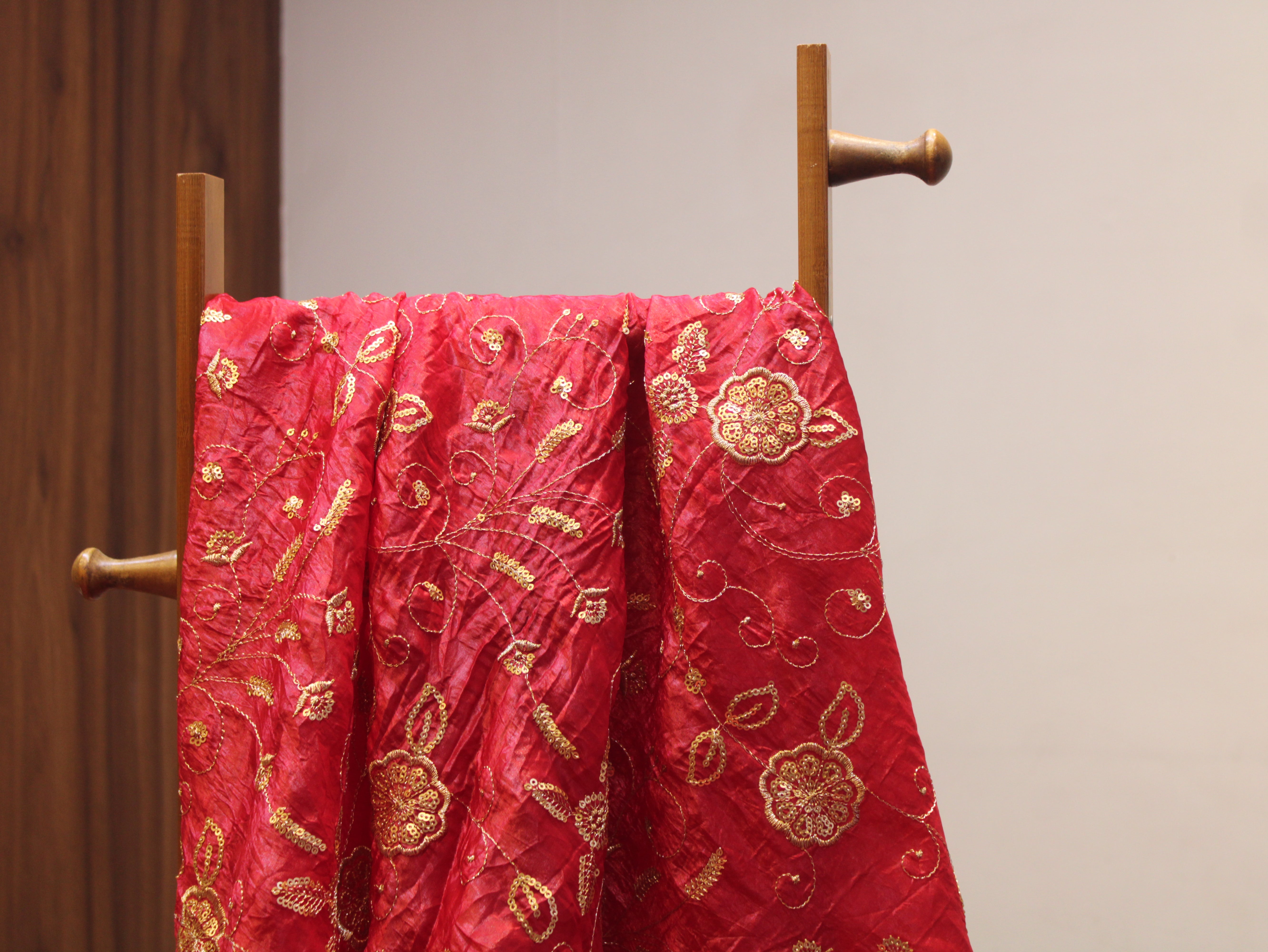 Soft Silk Organza Fabric with Sequin, Zari & Semi Bits Work - Red