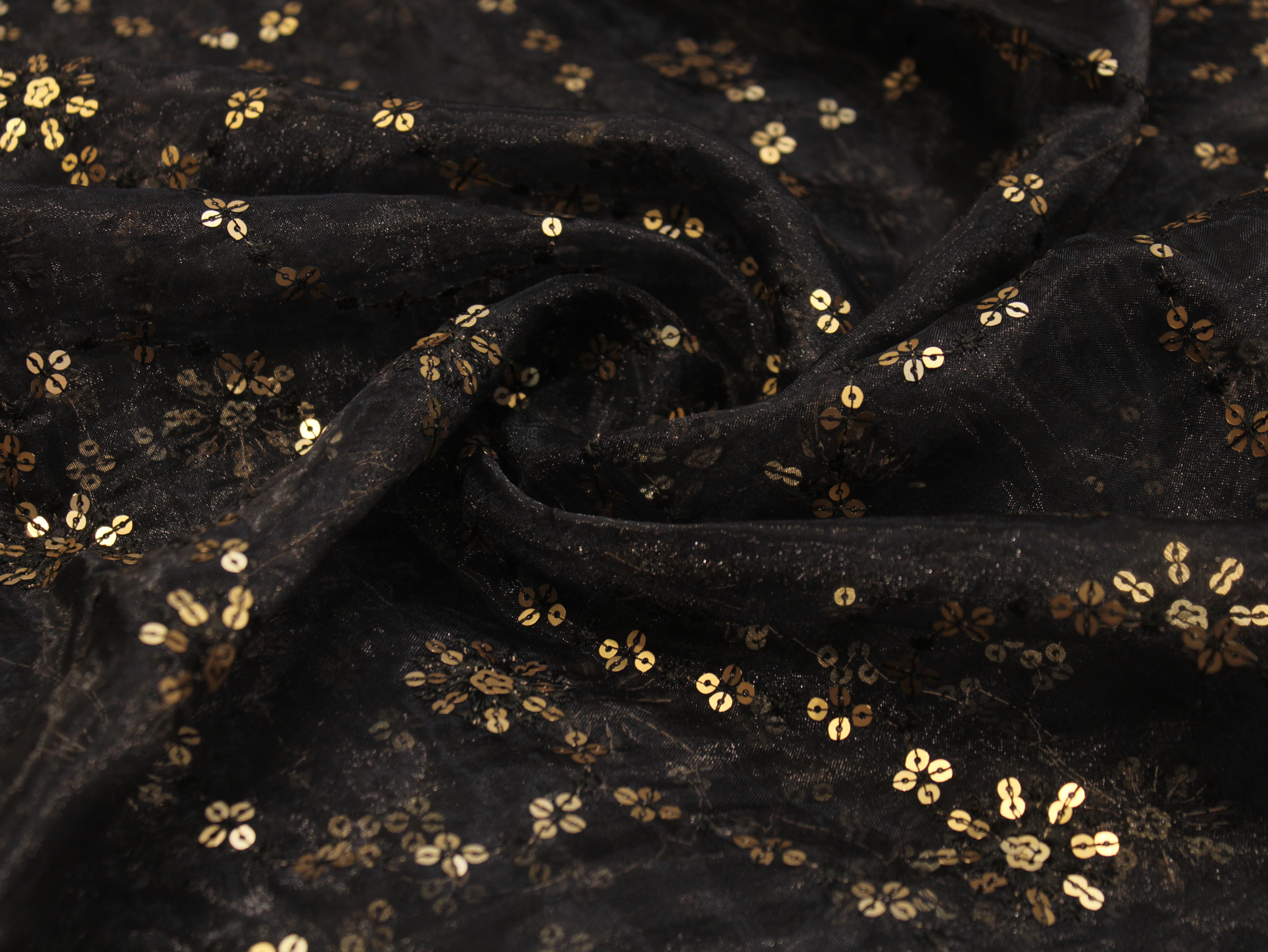 Nylon Organza Fabric with Sequin & Thread Work - Black