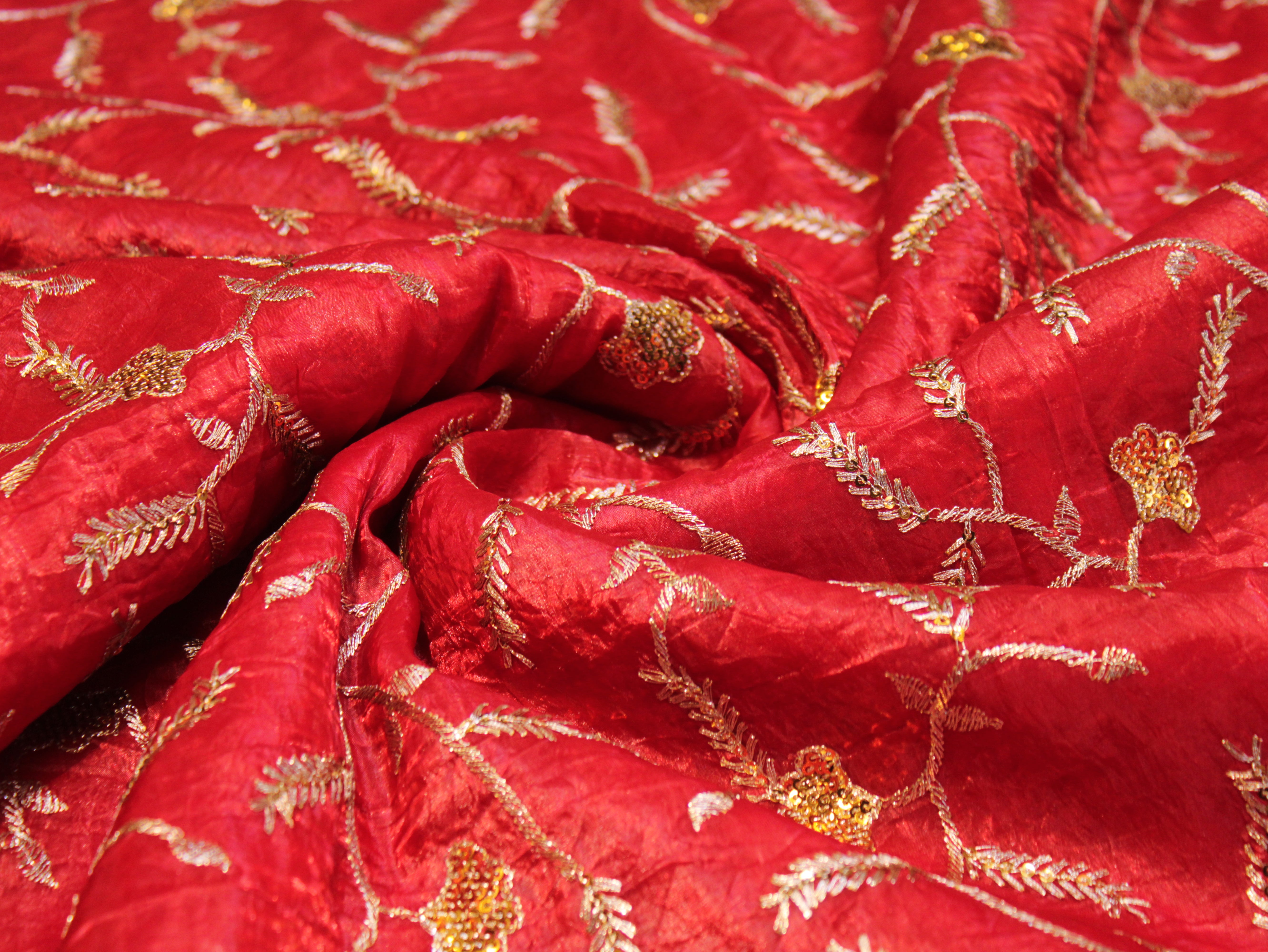 Soft Silk Organza Fabric with Sequin, Zari & Semi Bits Work - Red