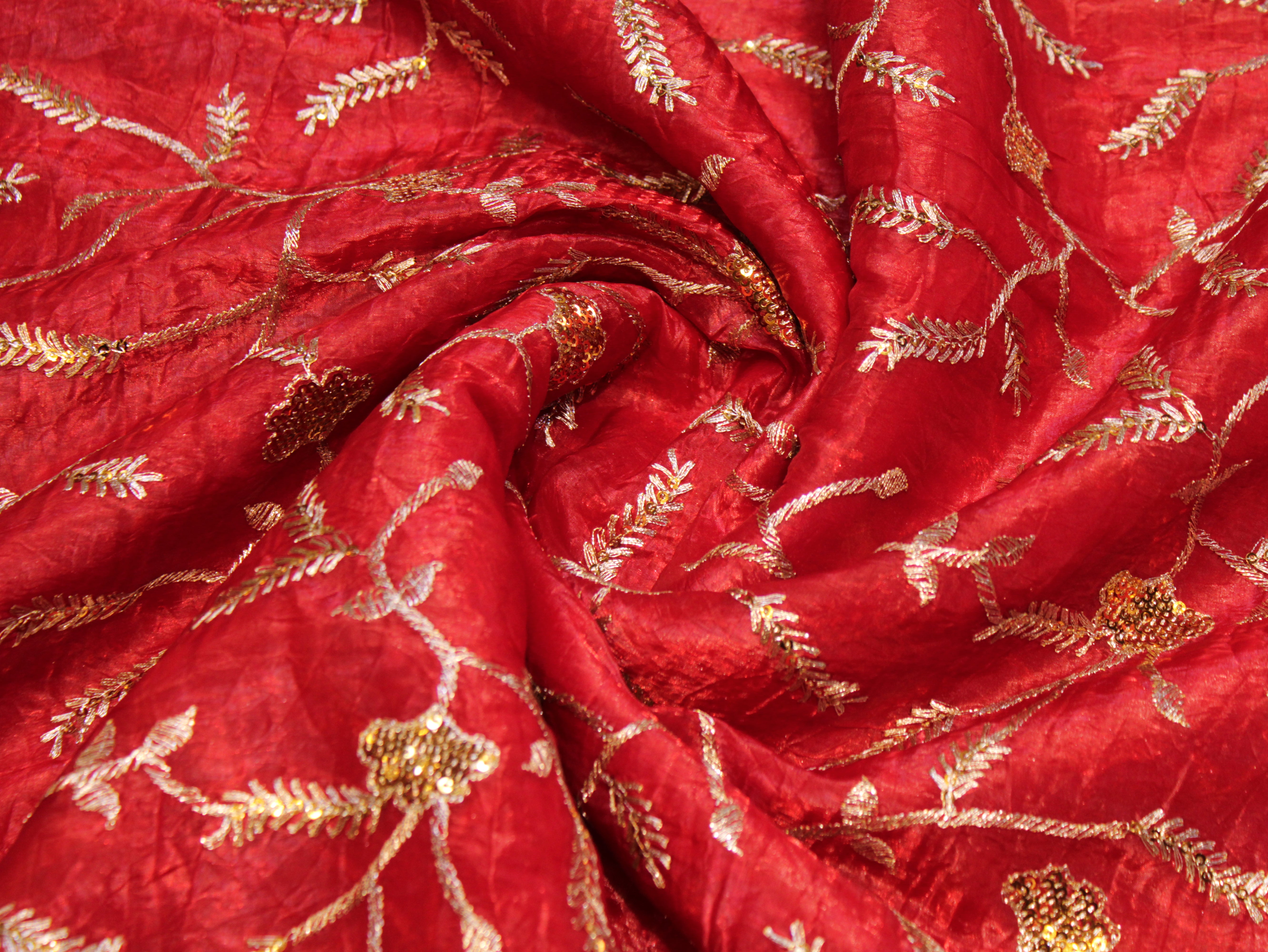 Soft Silk Organza Fabric with Sequin, Zari & Semi Bits Work - Red