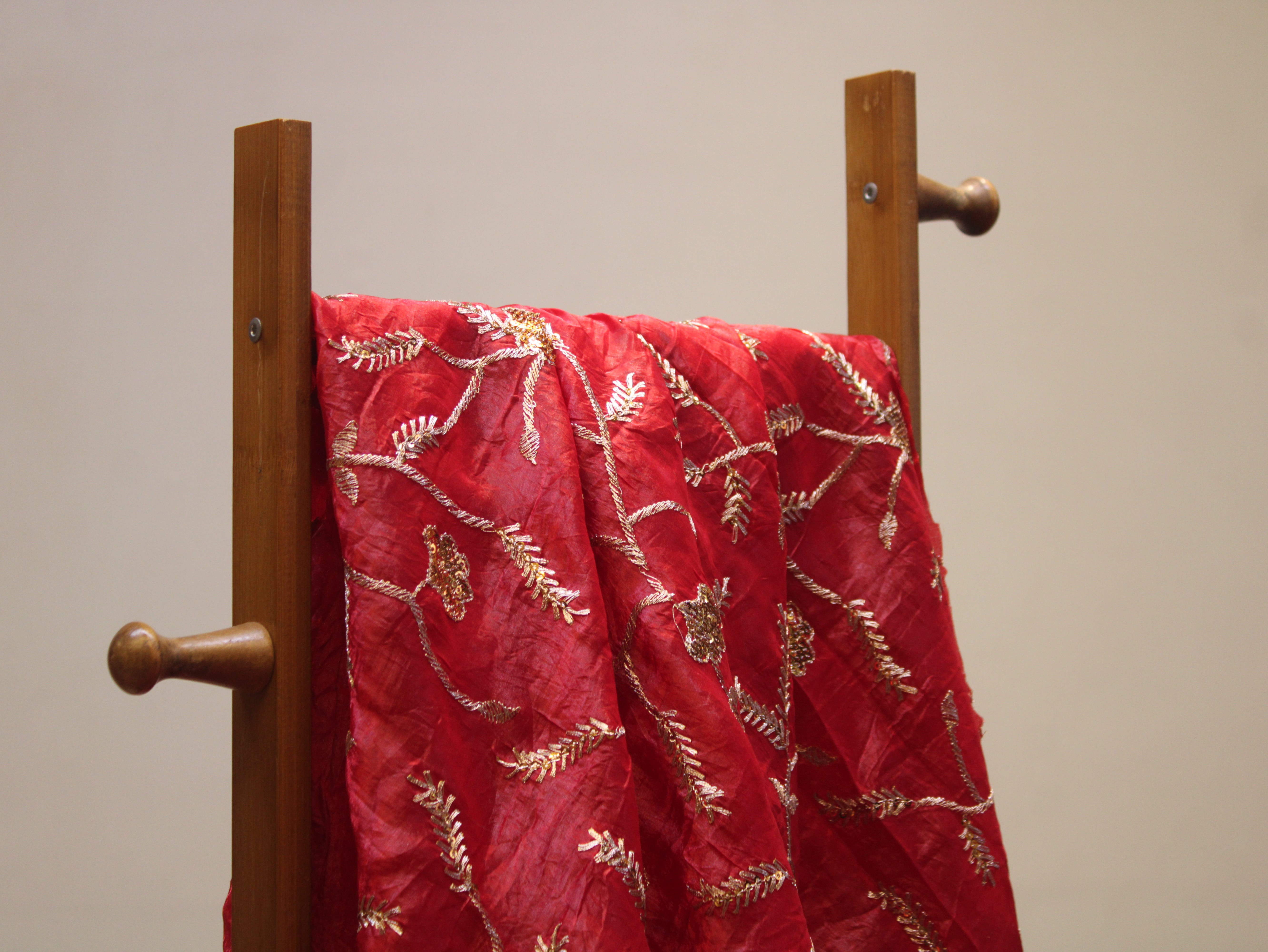 Soft Silk Organza Fabric with Sequin, Zari & Semi Bits Work - Red