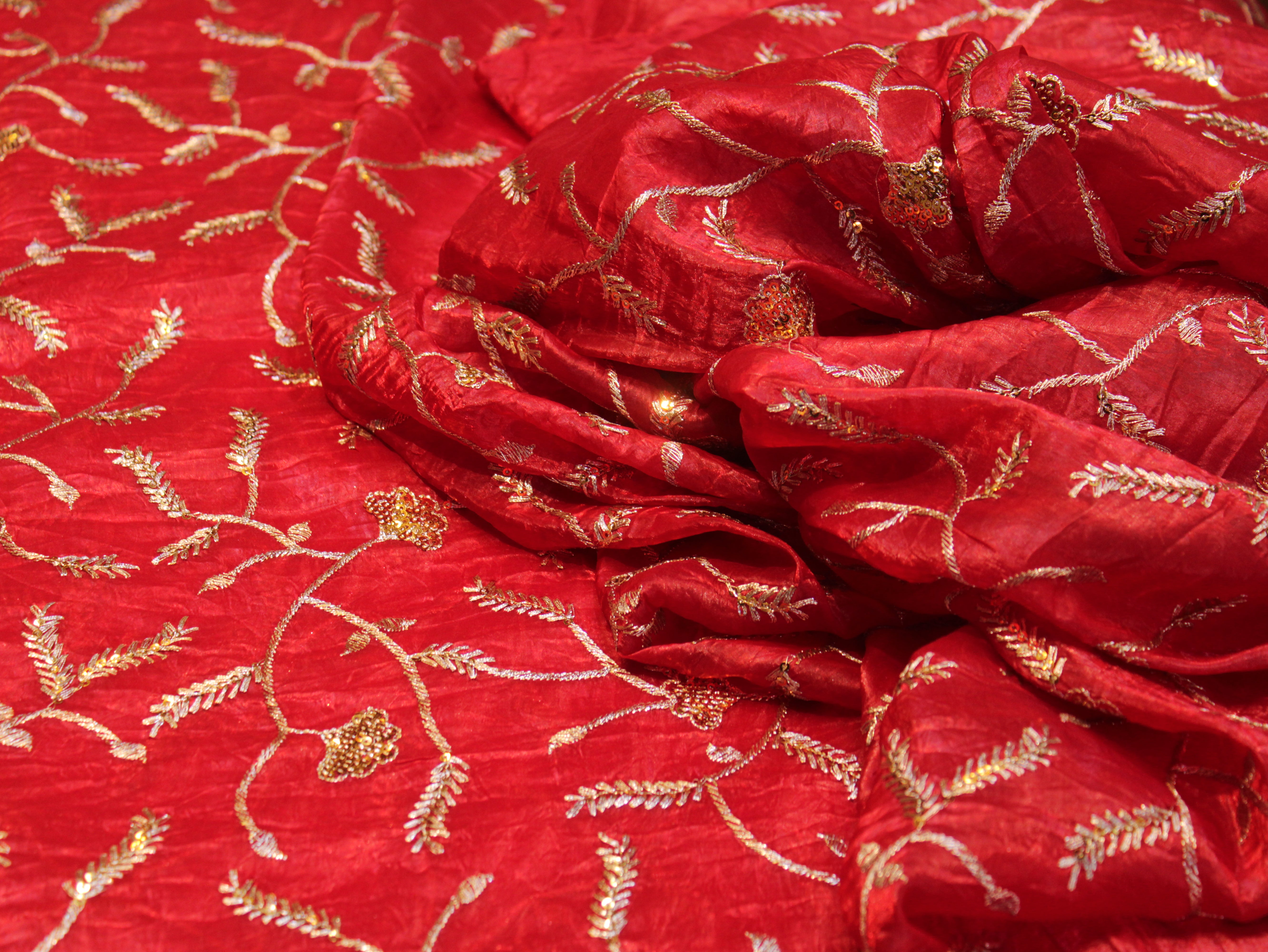 Soft Silk Organza Fabric with Sequin, Zari & Semi Bits Work - Red