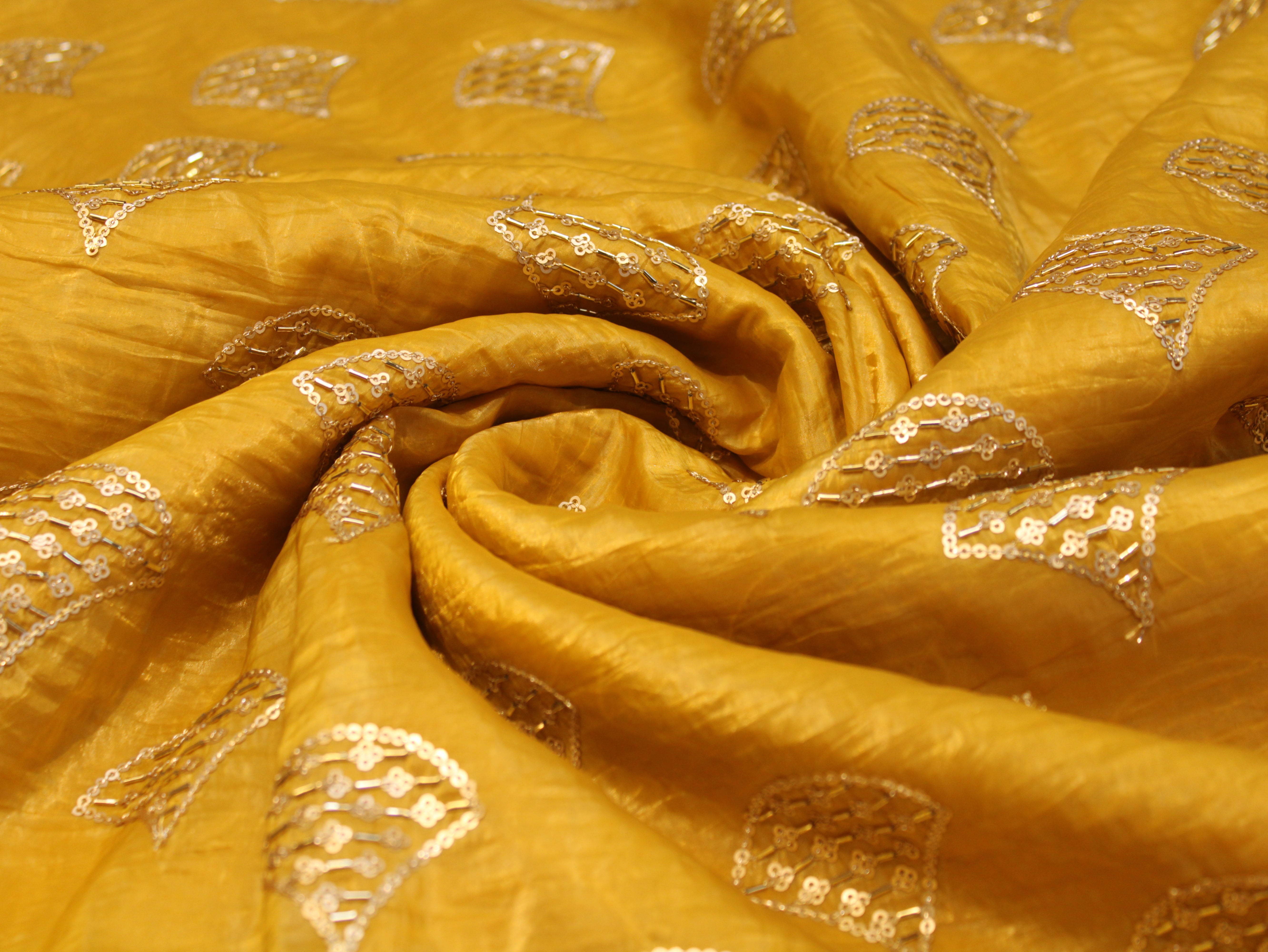 Soft Silk Organza Fabric with Sequin, Zari & Semi Bits Work - Yellow