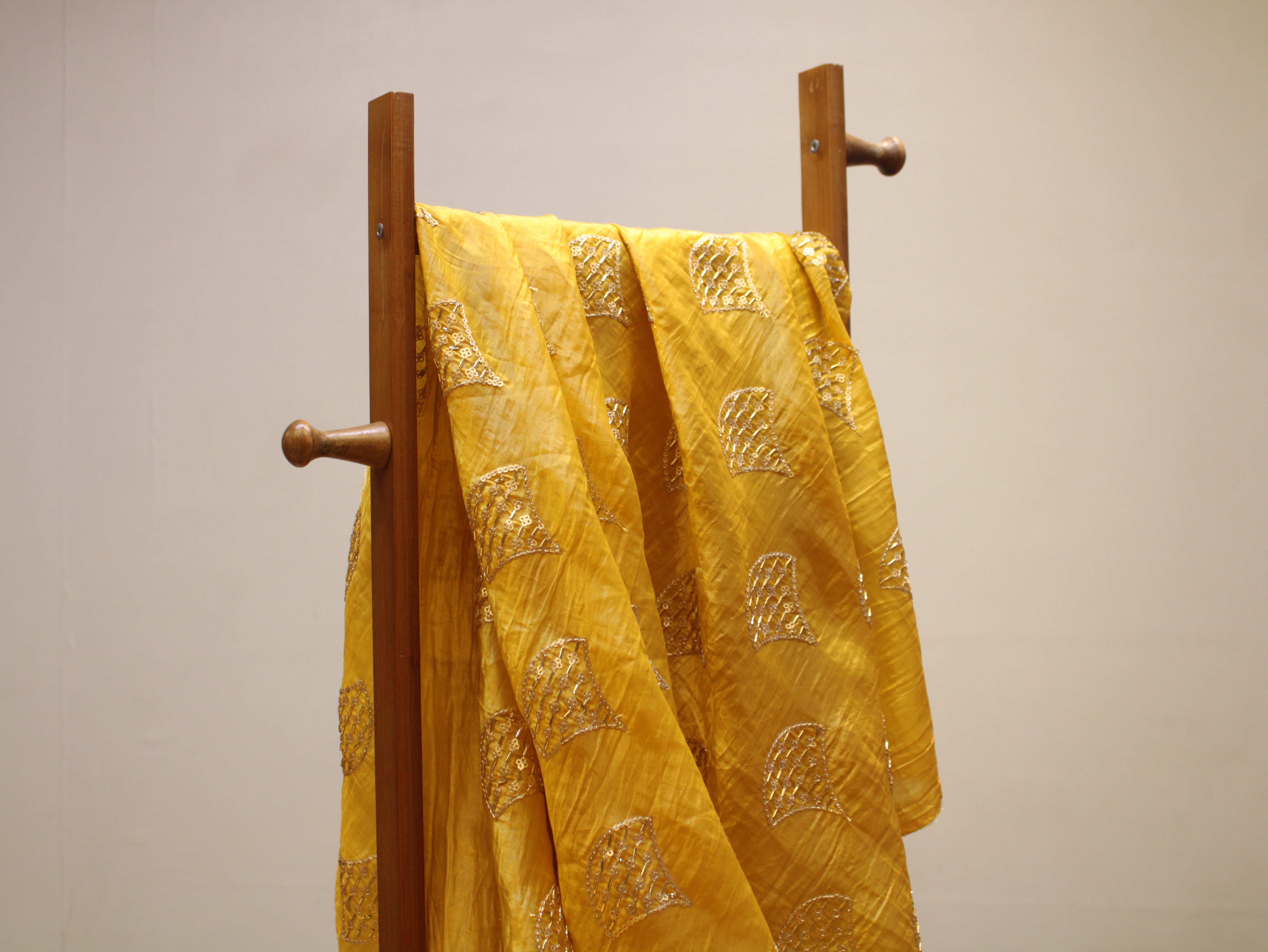 Soft Silk Organza Fabric with Sequin, Zari & Semi Bits Work - Yellow