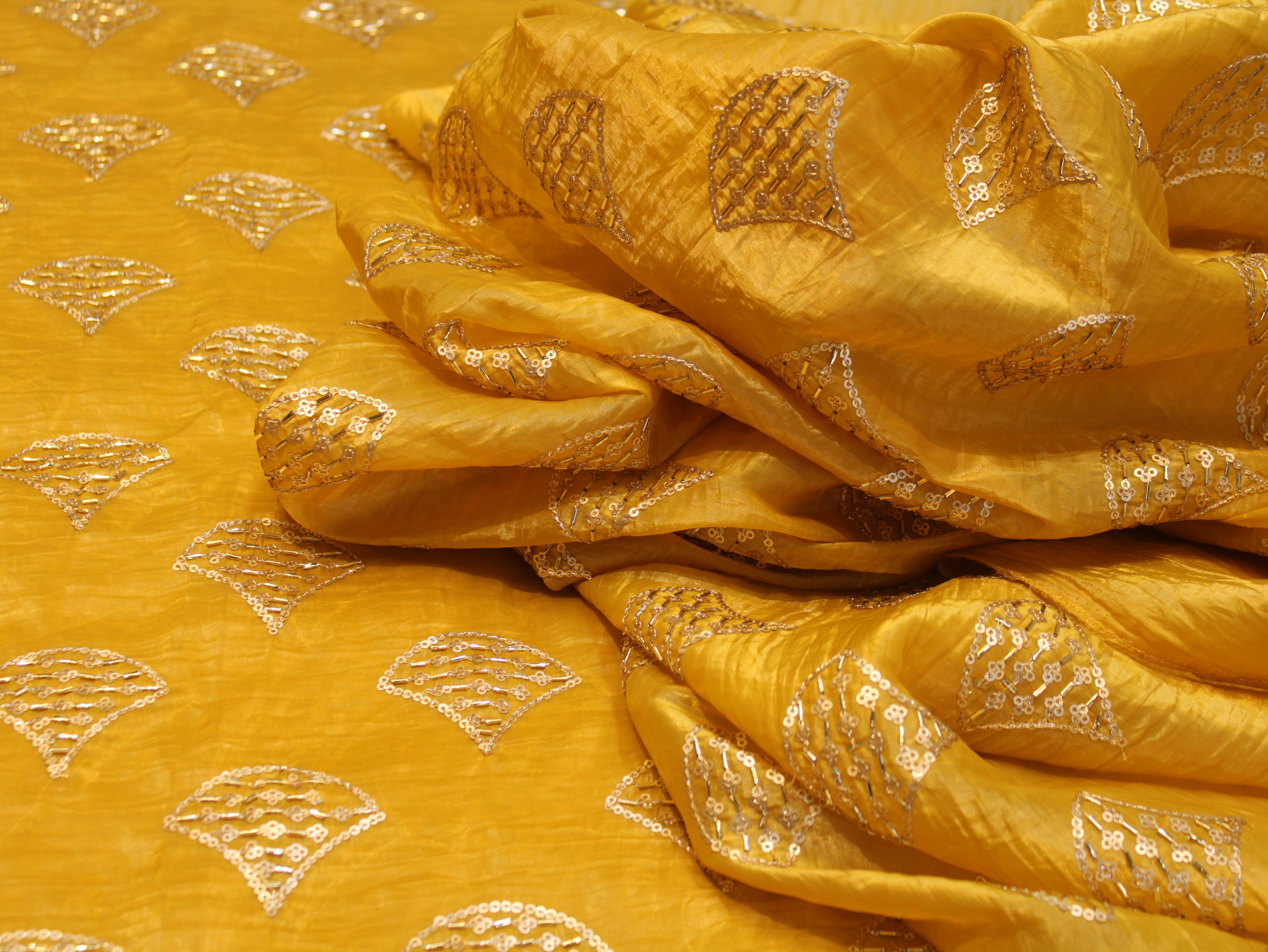 Soft Silk Organza Fabric with Sequin, Zari & Semi Bits Work - Yellow