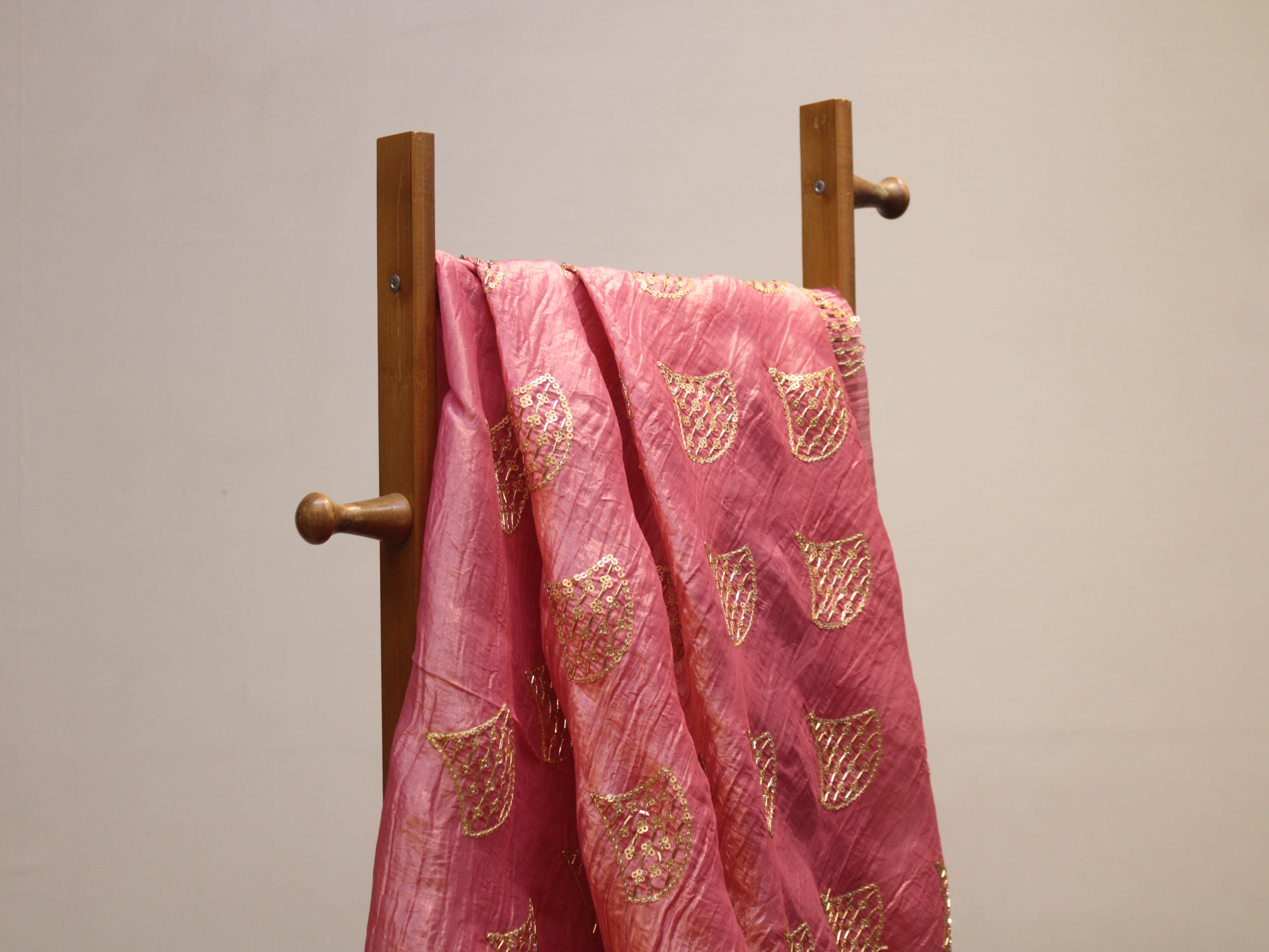 Soft Silk Organza Fabric with Sequin, Zari & Semi Bits Work - Onion