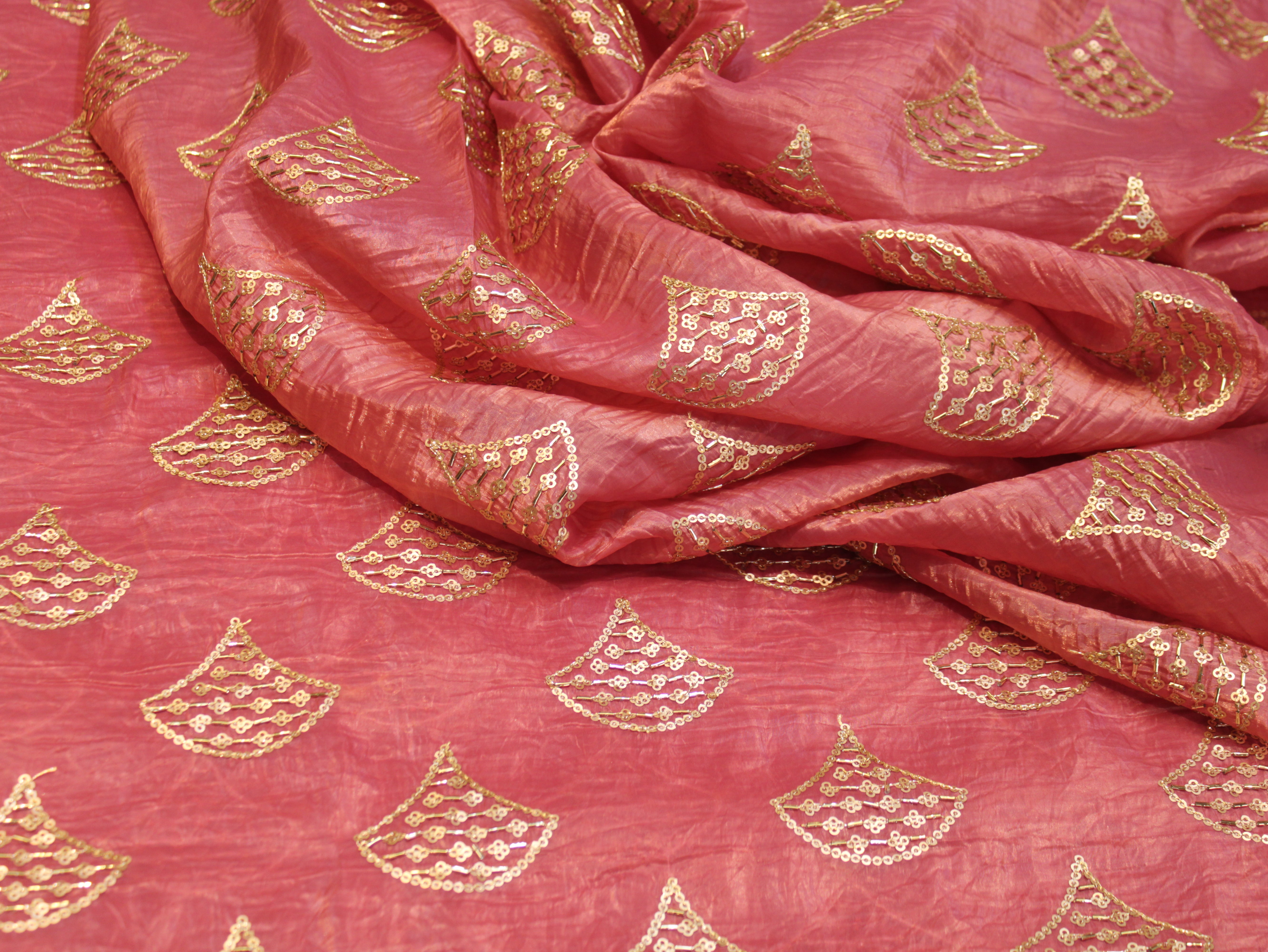 Soft Silk Organza Fabric with Sequin, Zari & Semi Bits Work - Onion