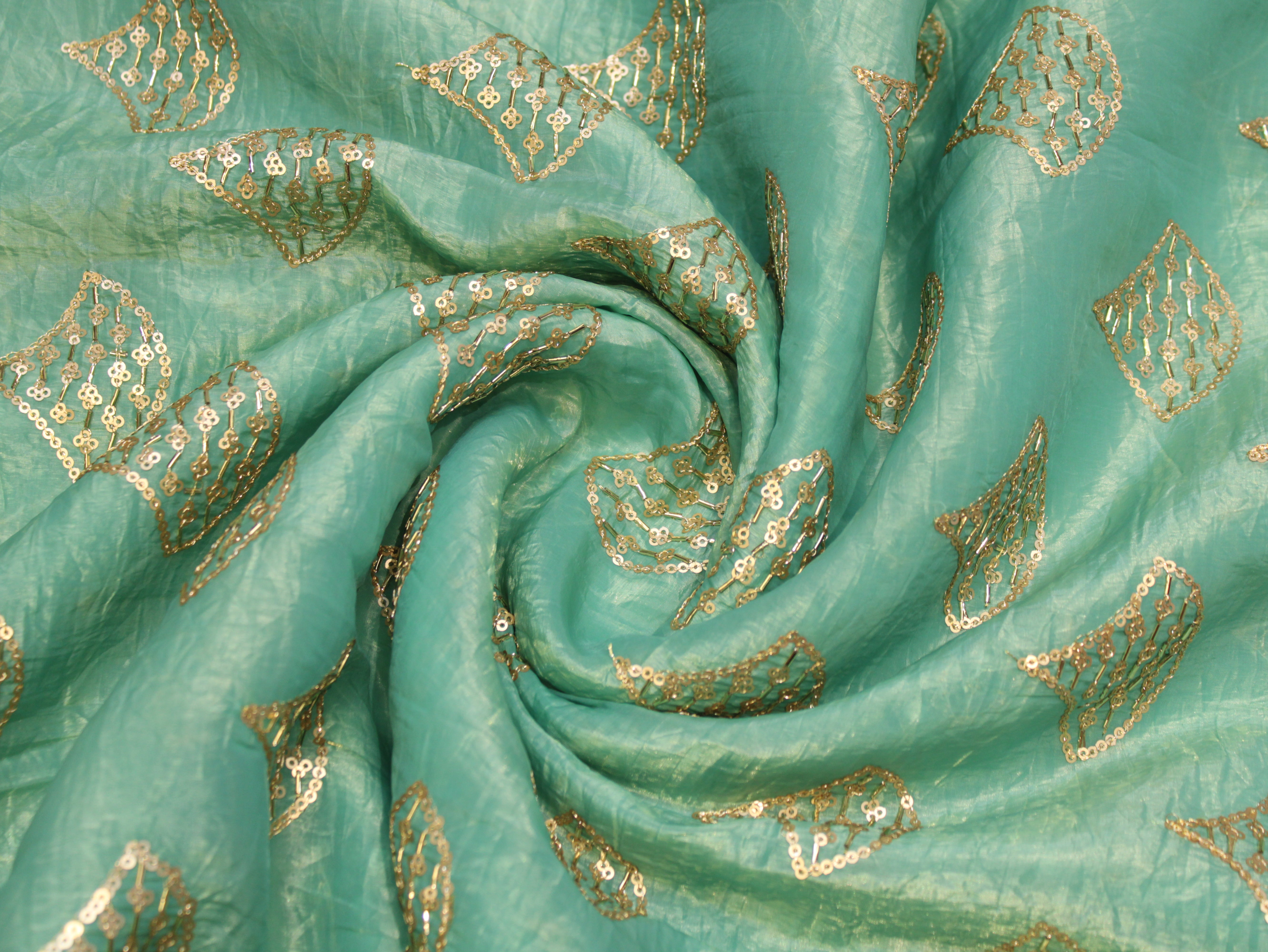 Soft Silk Organza Fabric with Sequin, Zari & Semi Bits Work - Sea Green