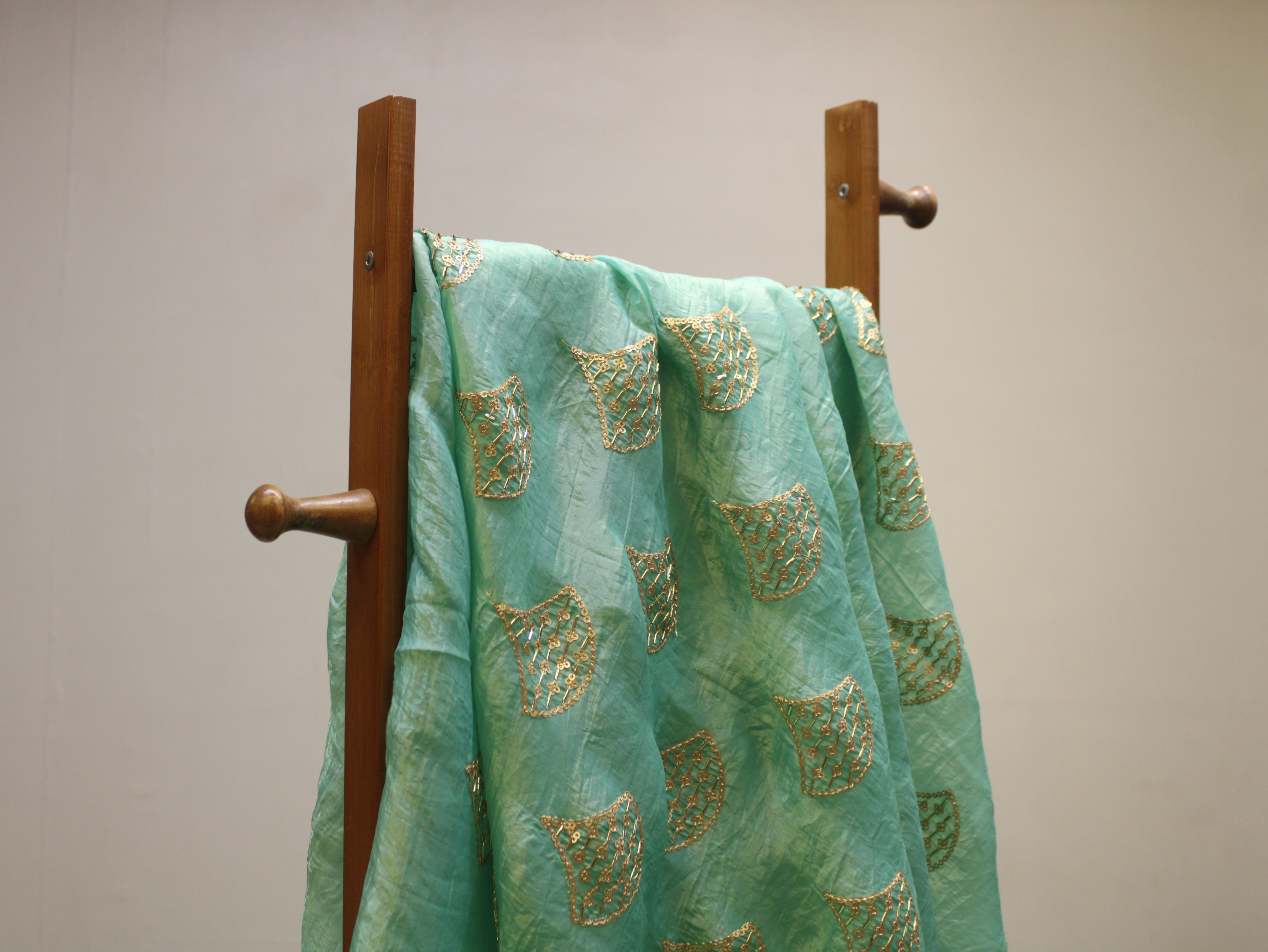 Soft Silk Organza Fabric with Sequin, Zari & Semi Bits Work - Sea Green