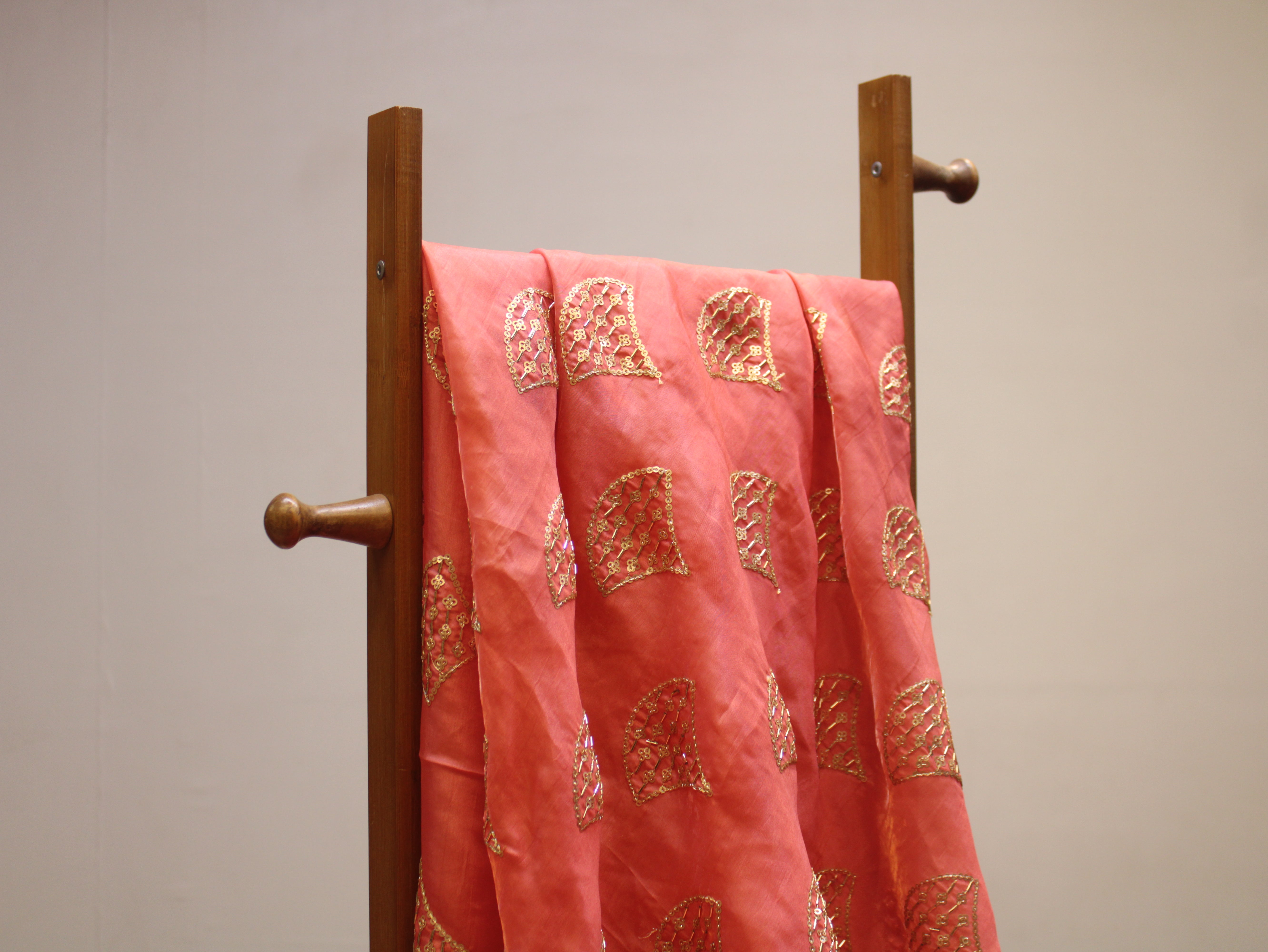 Soft Silk Organza Fabric with Sequin, Zari & Semi Bits Work - Peach