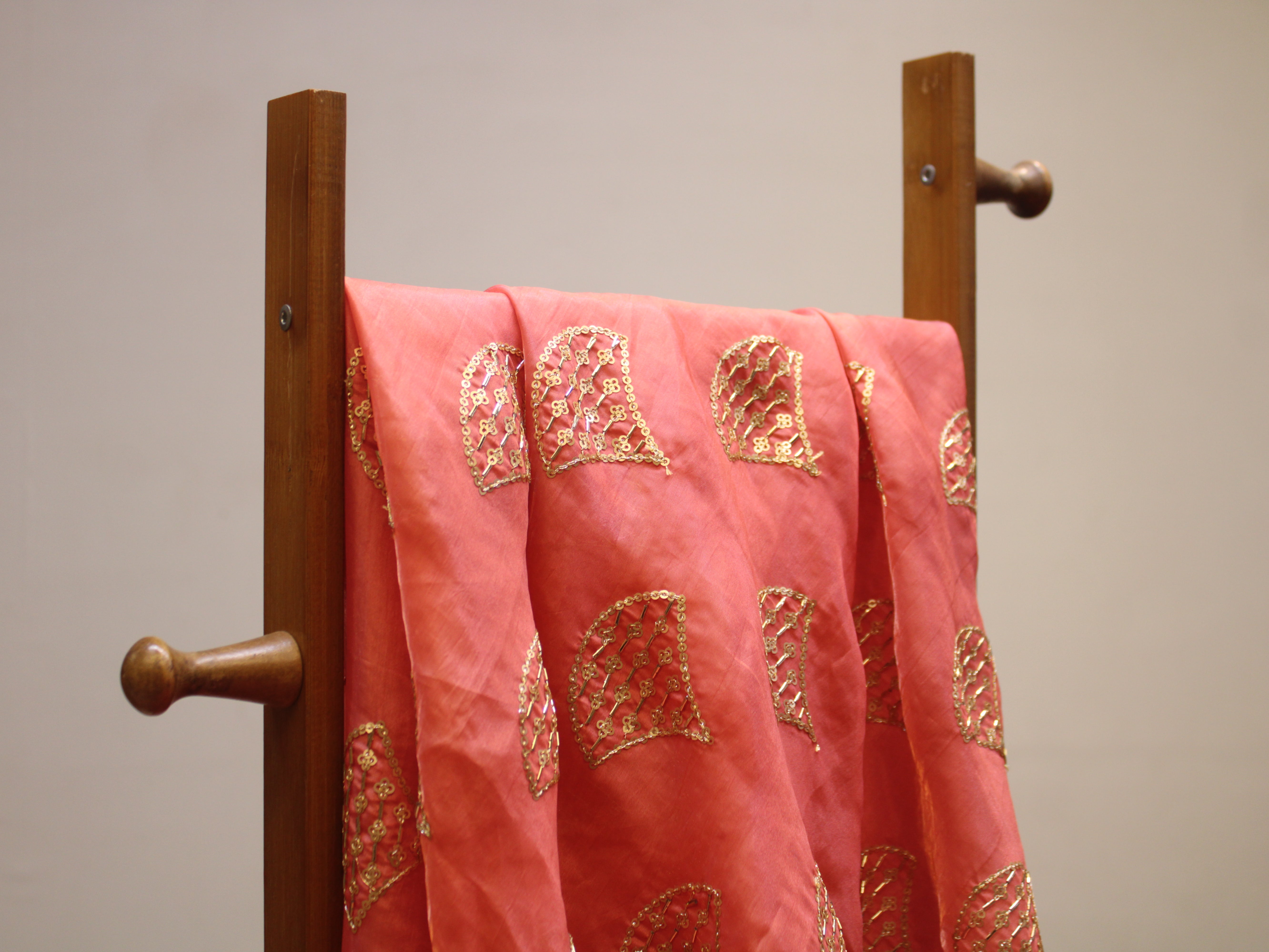 Soft Silk Organza Fabric with Sequin, Zari & Semi Bits Work - Peach