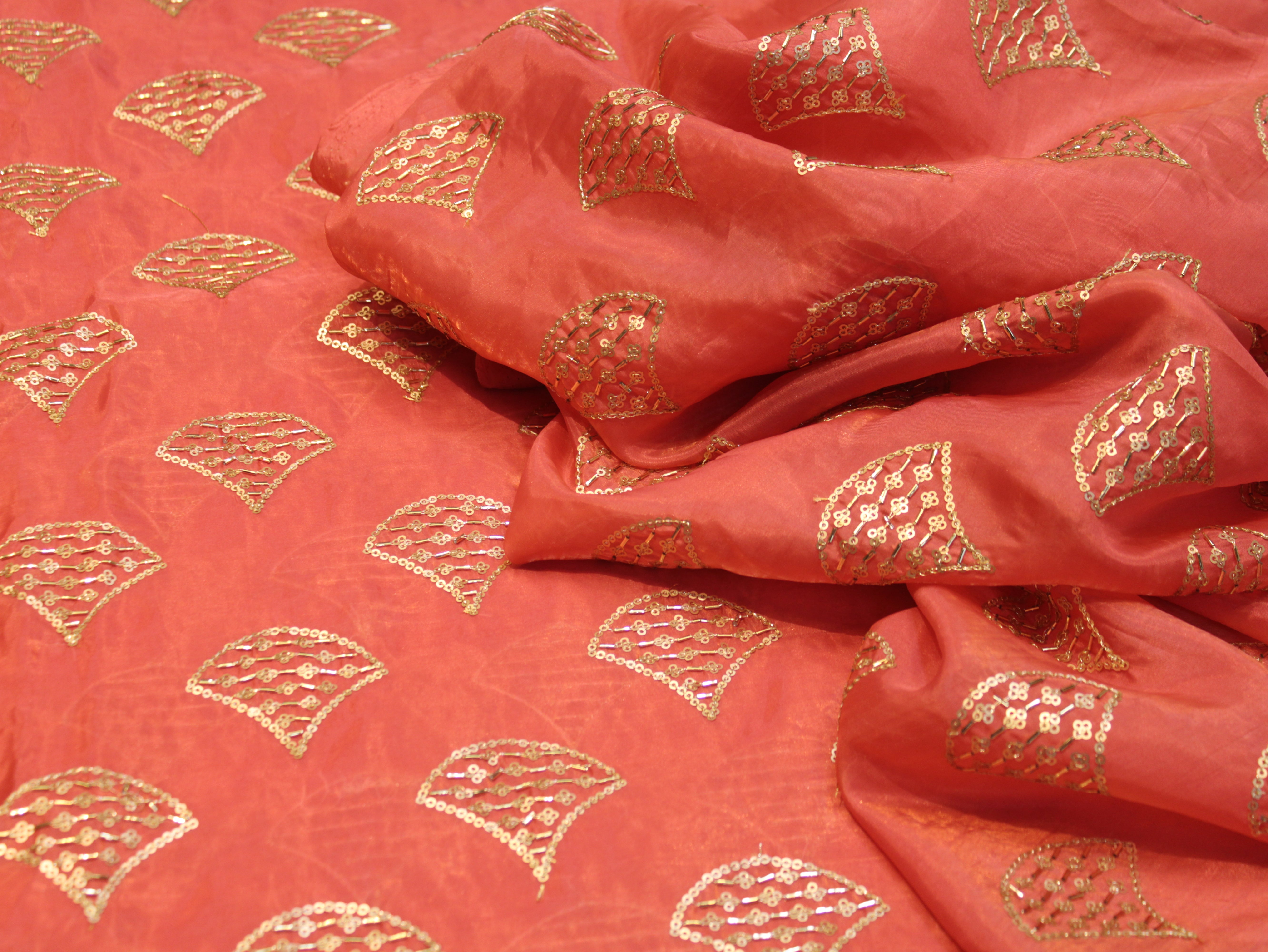 Soft Silk Organza Fabric with Sequin, Zari & Semi Bits Work - Peach