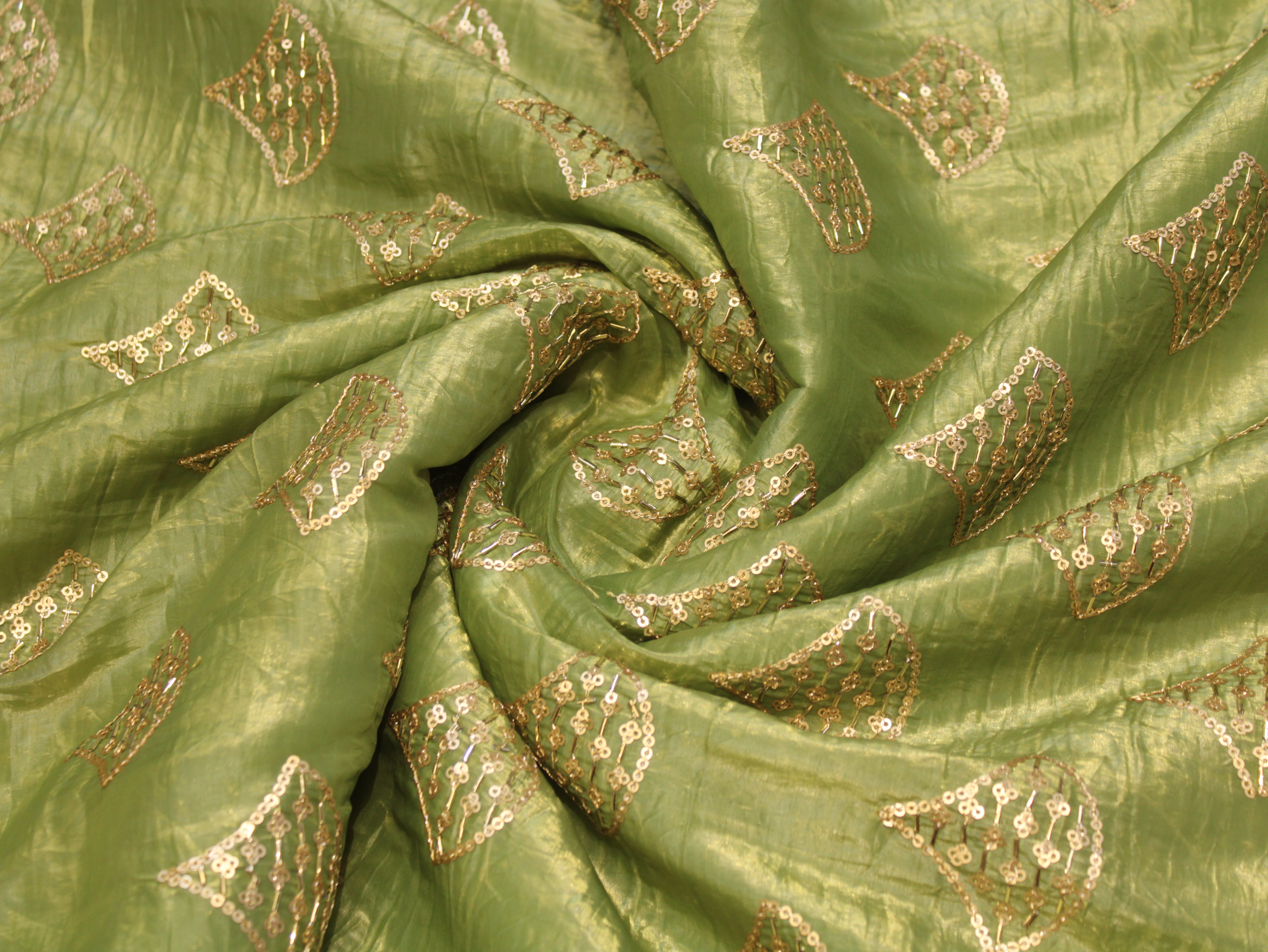Soft Silk Organza Fabric with Sequin, Zari & Semi Bits Work - Pista Green
