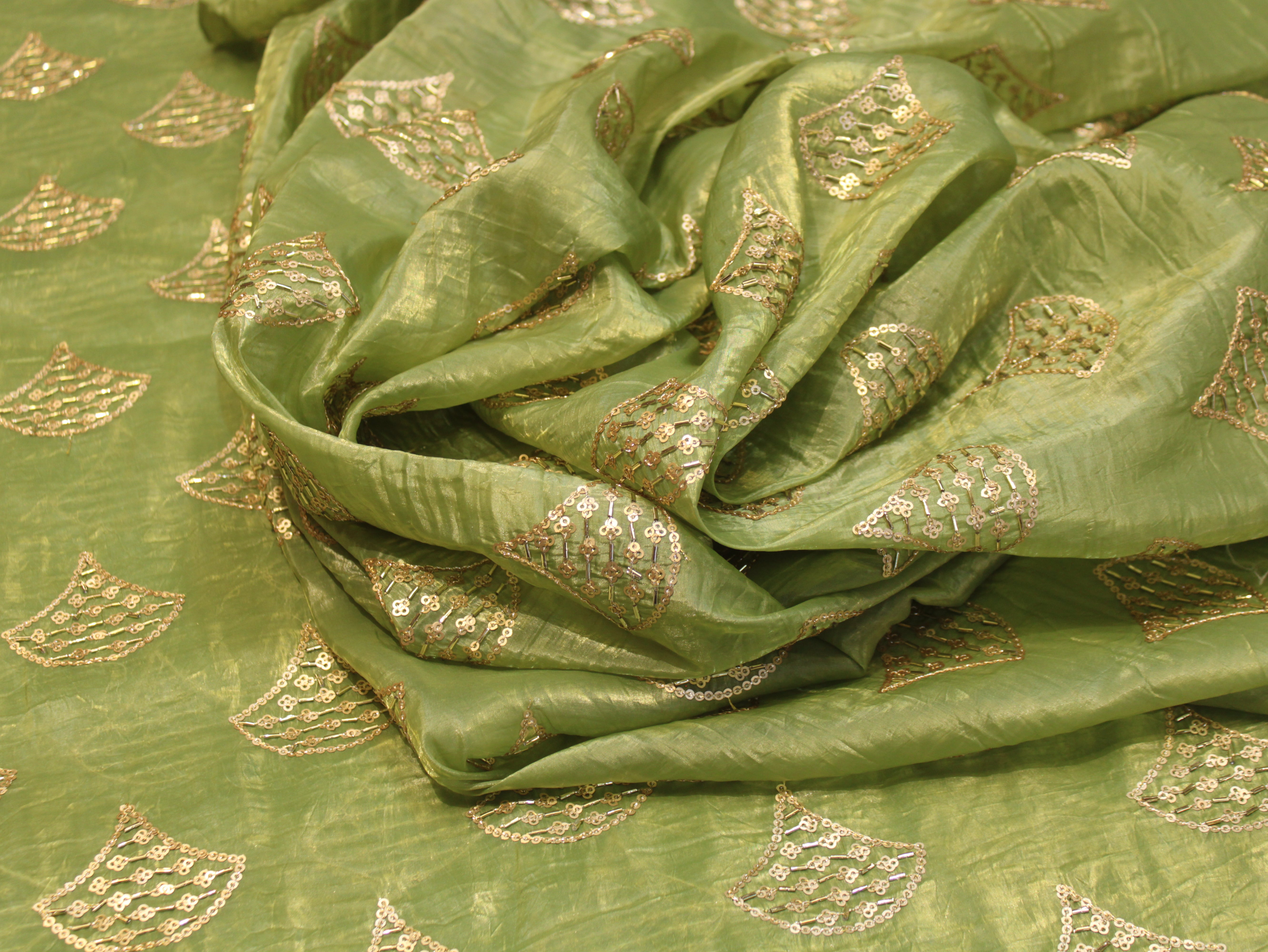 Soft Silk Organza Fabric with Sequin, Zari & Semi Bits Work - Pista Green