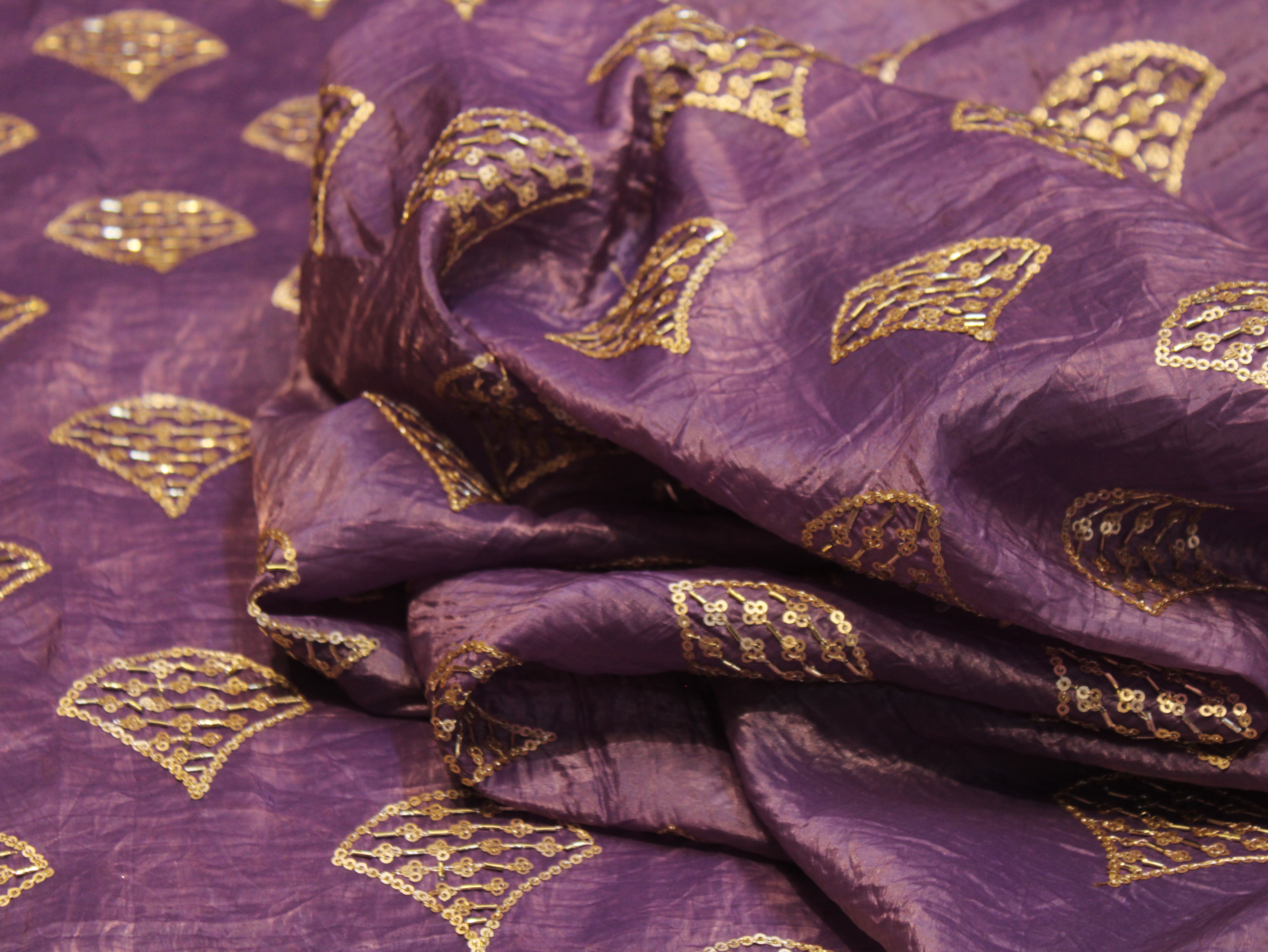 Soft Silk Organza Fabric with Sequin, Zari & Semi Bits Work - Purple