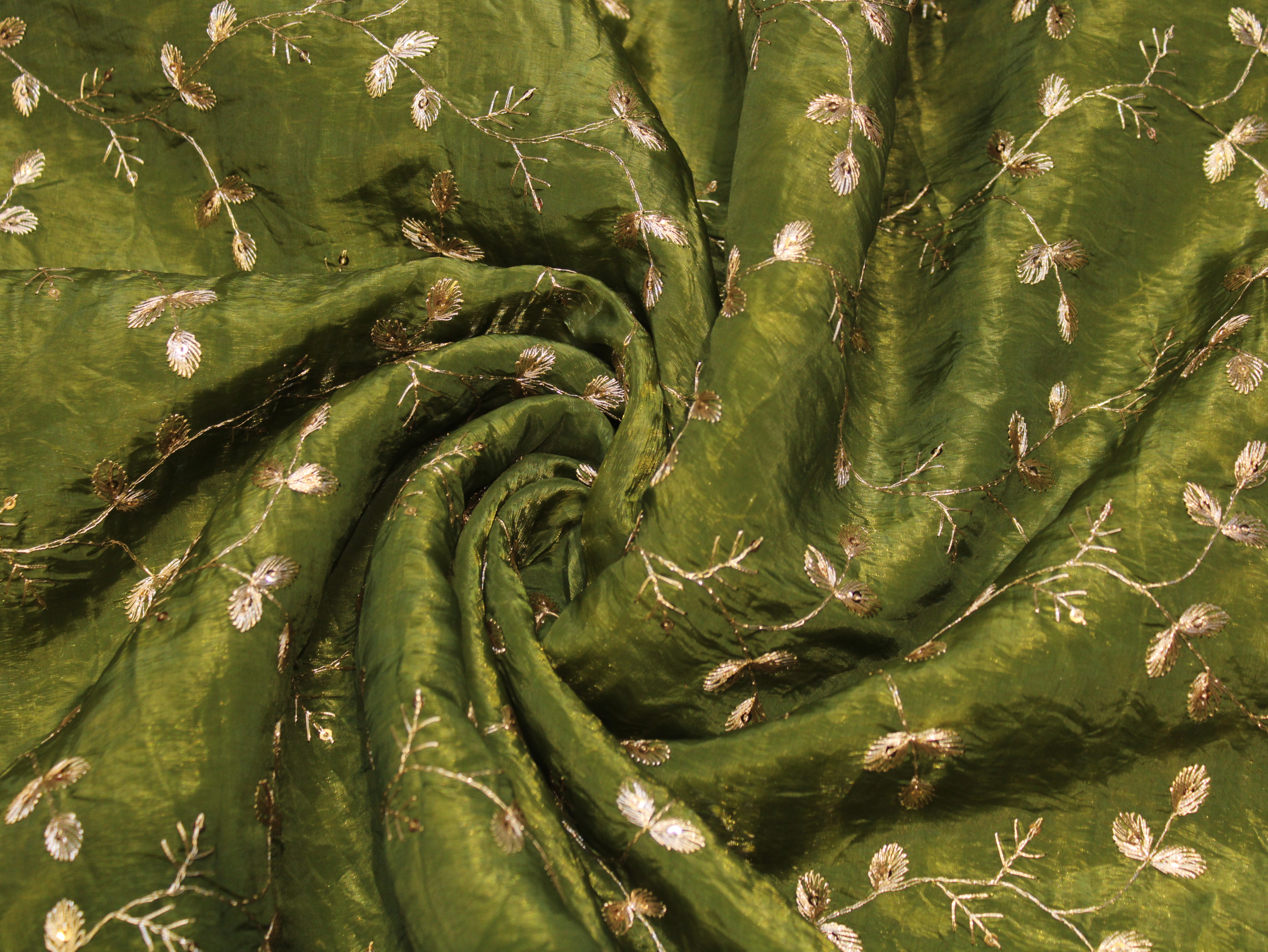 Soft Silk Organza Fabric with Sequin, Zari & Semi Bits Work - Mehendi green