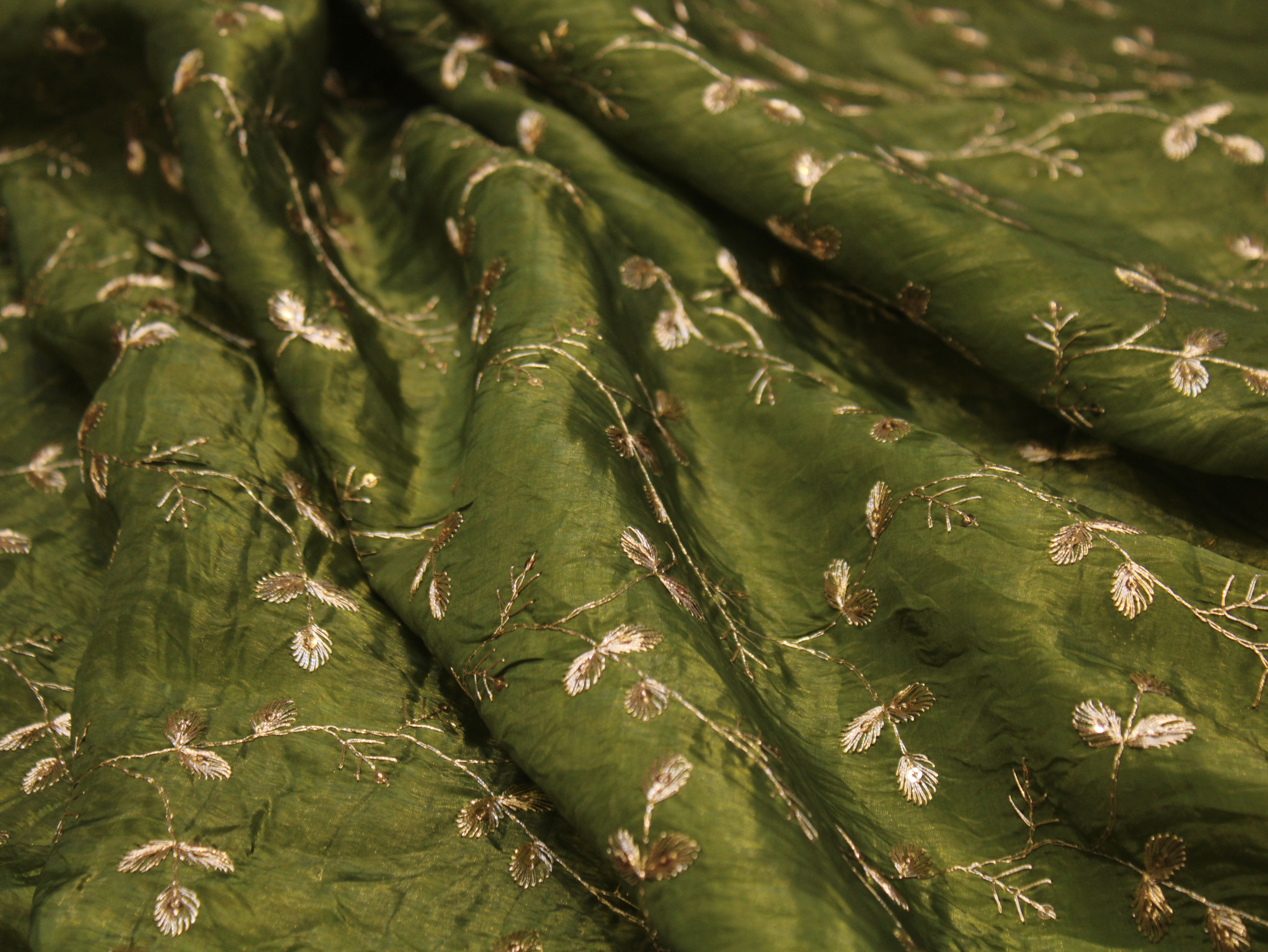 Soft Silk Organza Fabric with Sequin, Zari & Semi Bits Work - Mehendi green