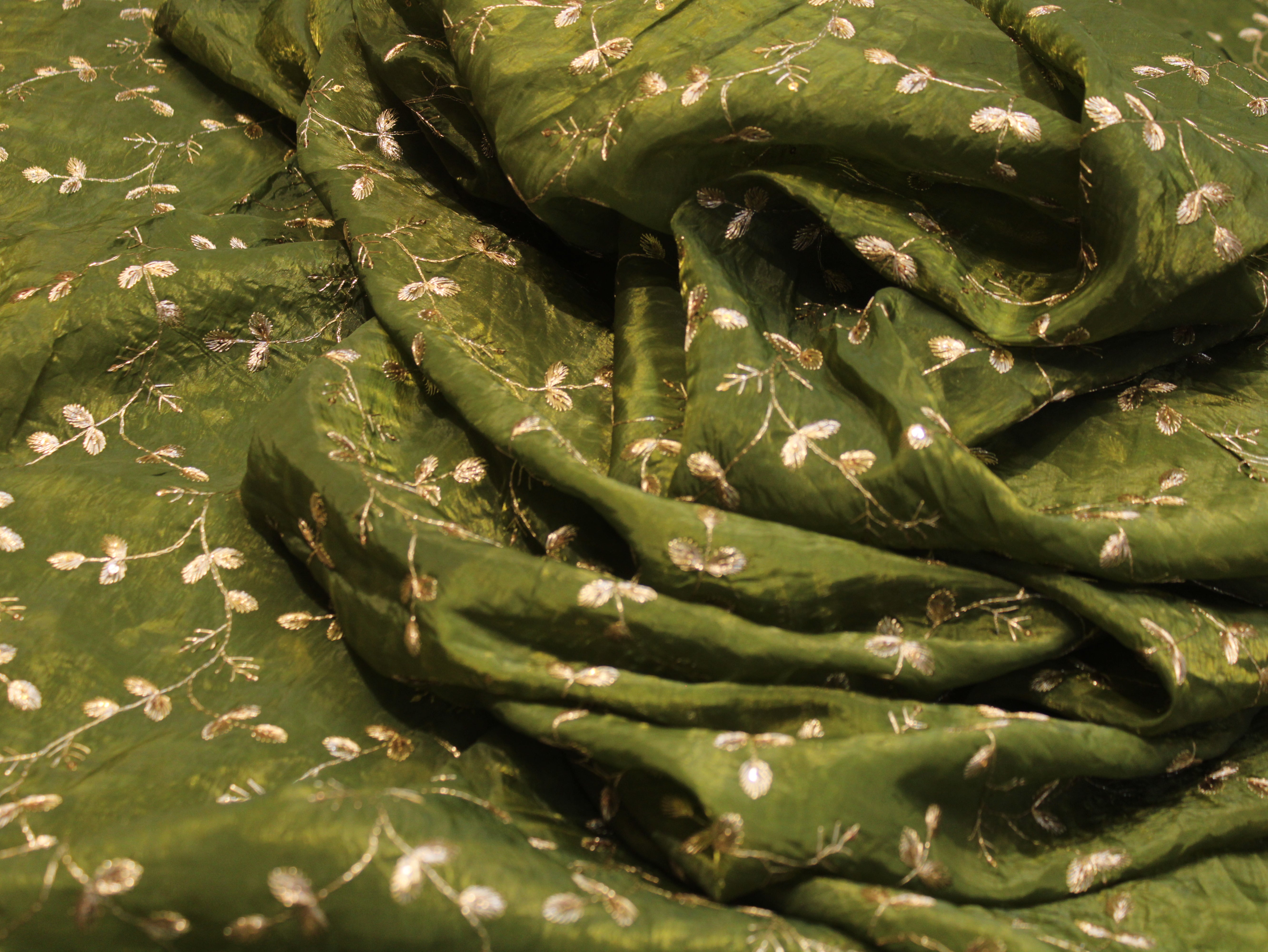 Soft Silk Organza Fabric with Sequin, Zari & Semi Bits Work - Mehendi green