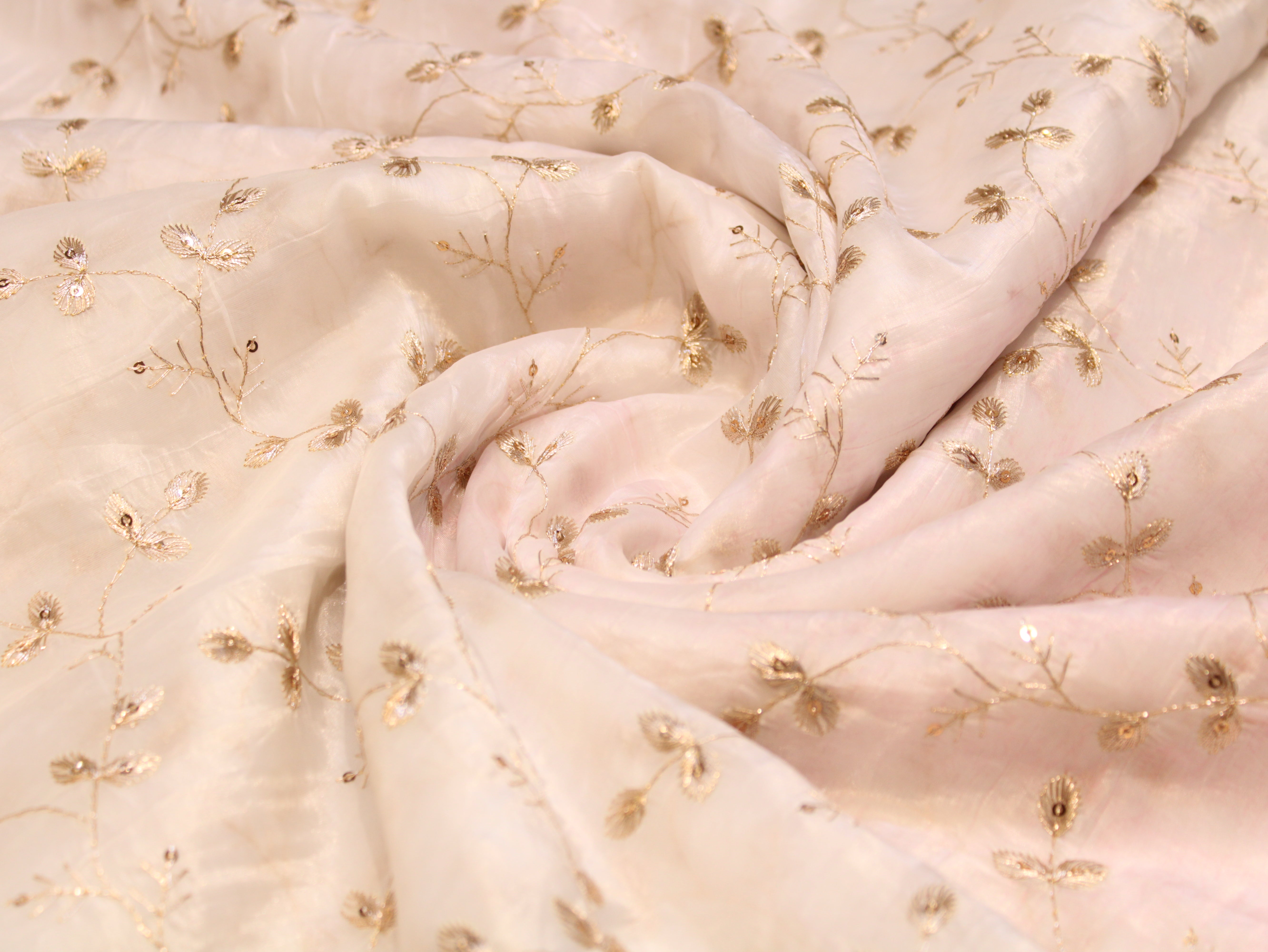 Soft Silk Organza Fabric with Sequin, Zari & Semi Bits Work - White