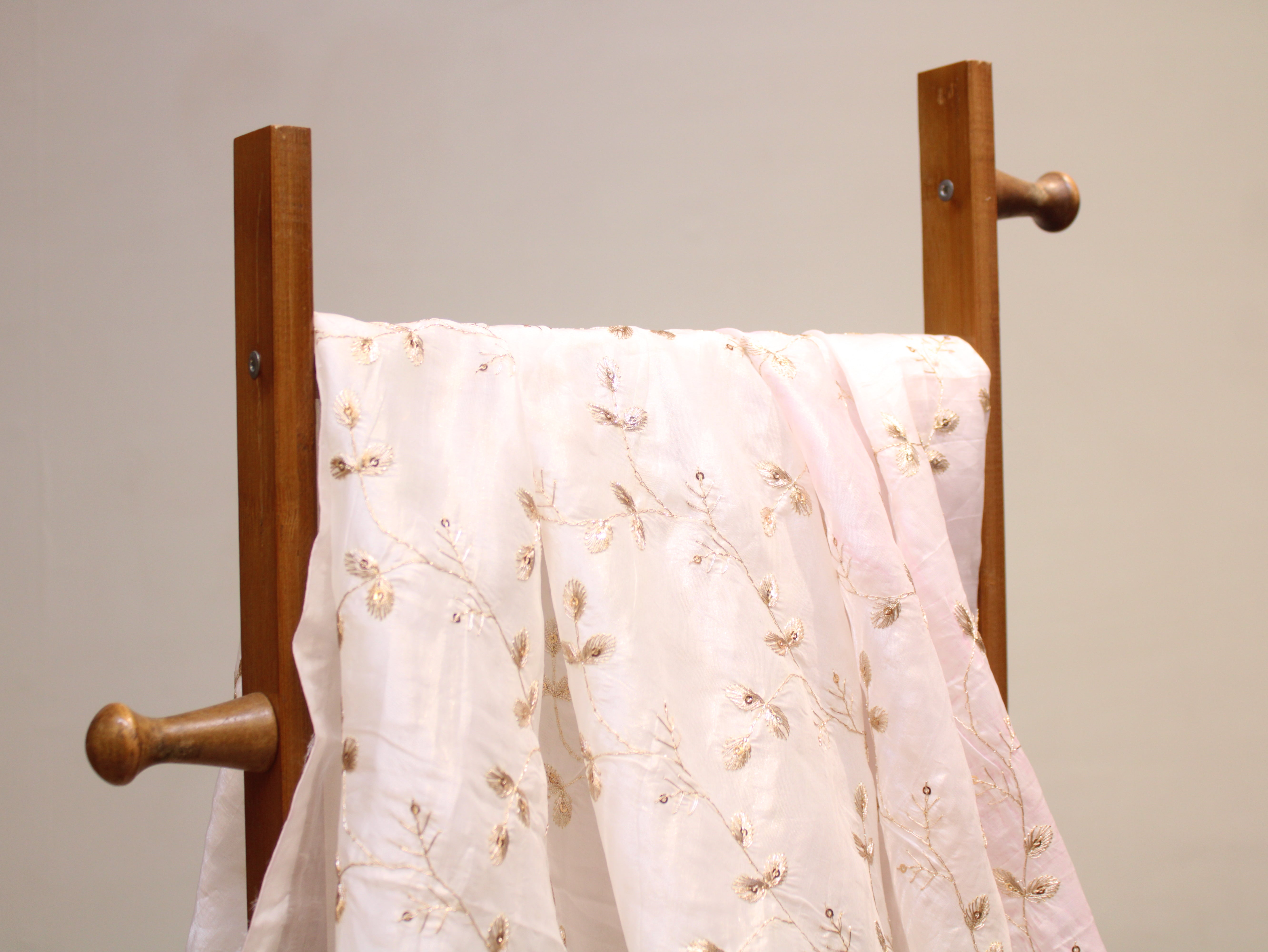 Soft Silk Organza Fabric with Sequin, Zari & Semi Bits Work - White