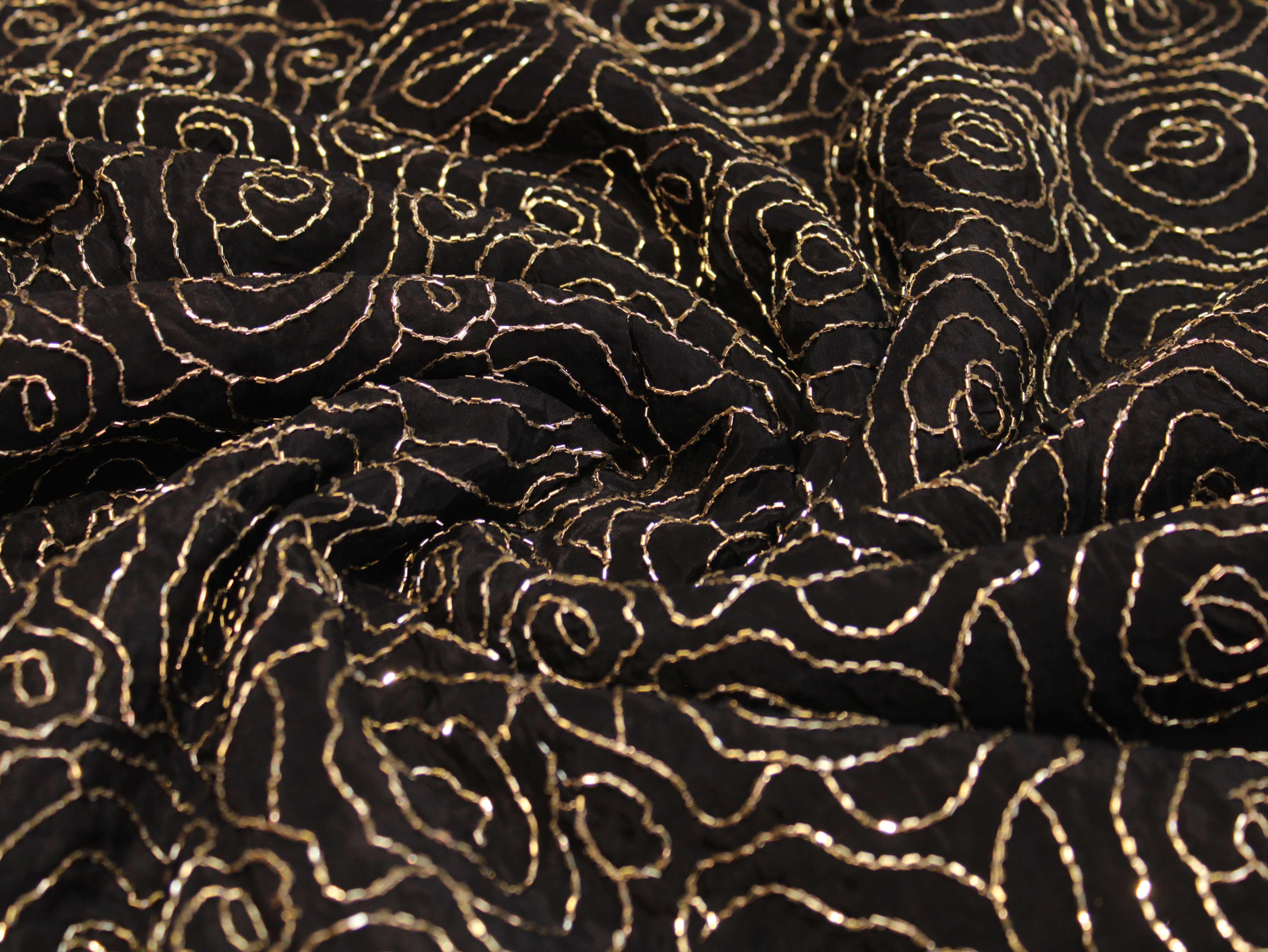 Pure Natural Crepe Fabric with Premium Pipe Beads Work - Black