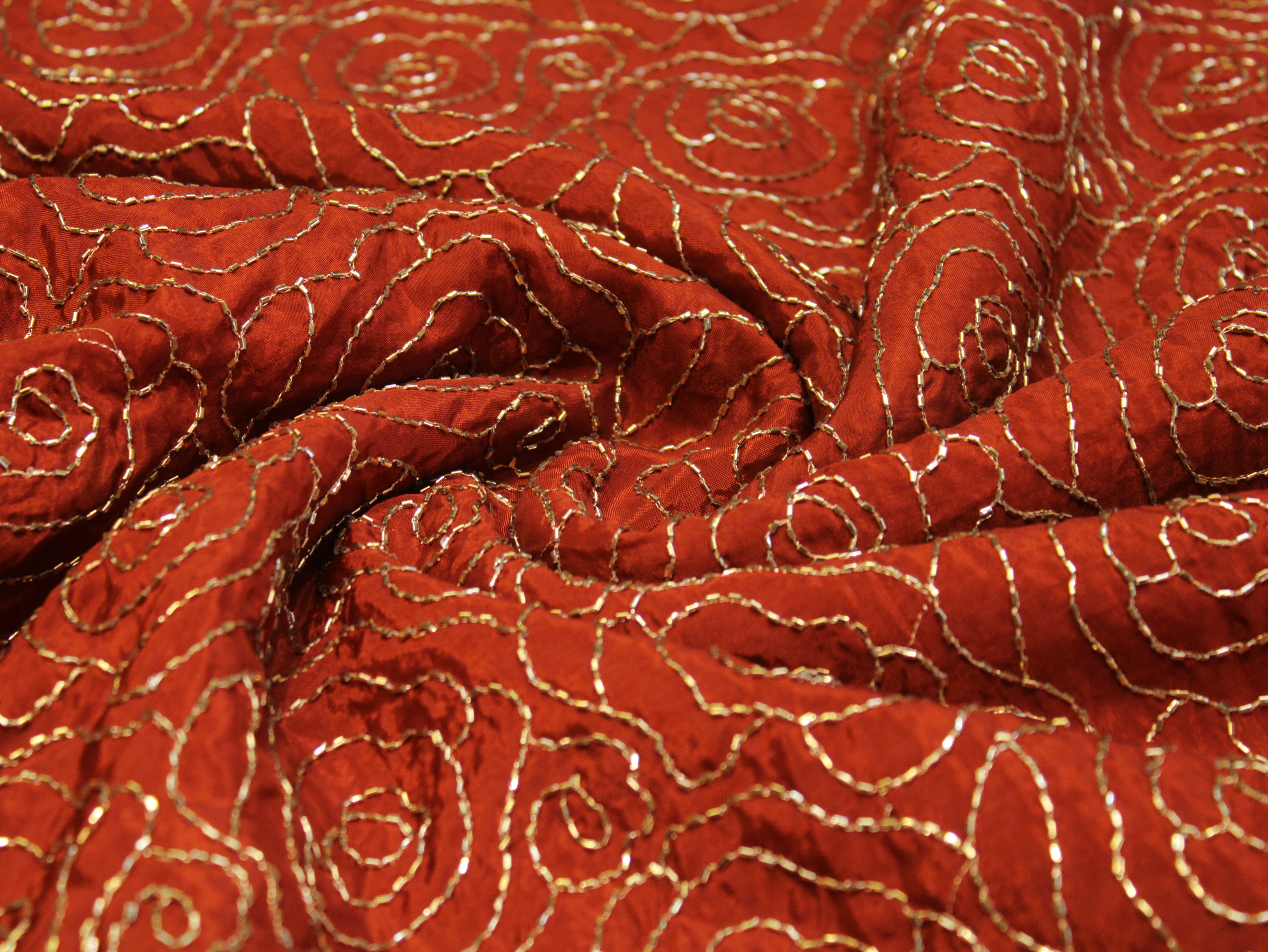 Pure Natural Crepe Fabric with Premium Pipe Beads Work - Rust Orange