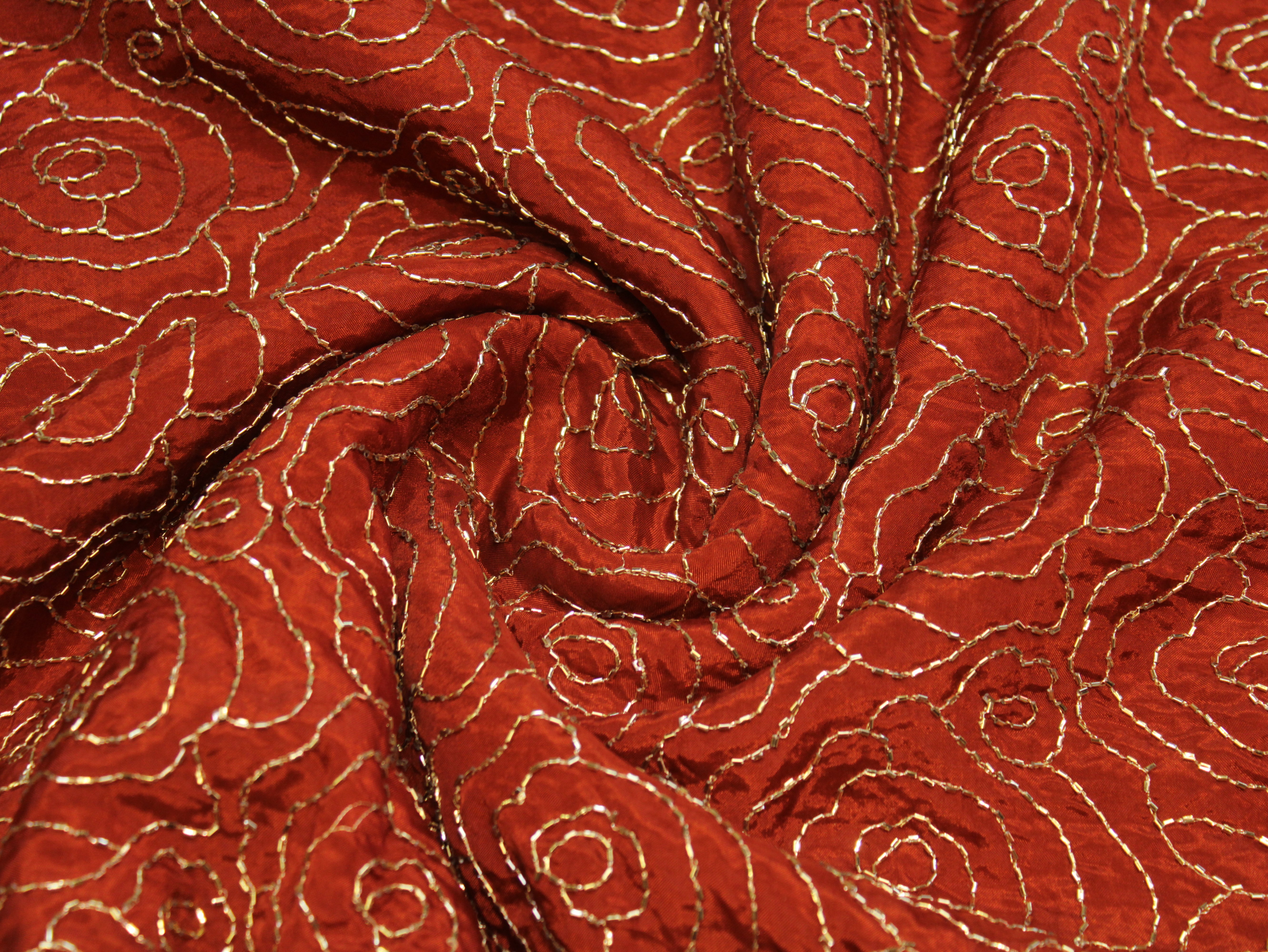 Pure Natural Crepe Fabric with Premium Pipe Beads Work - Rust Orange