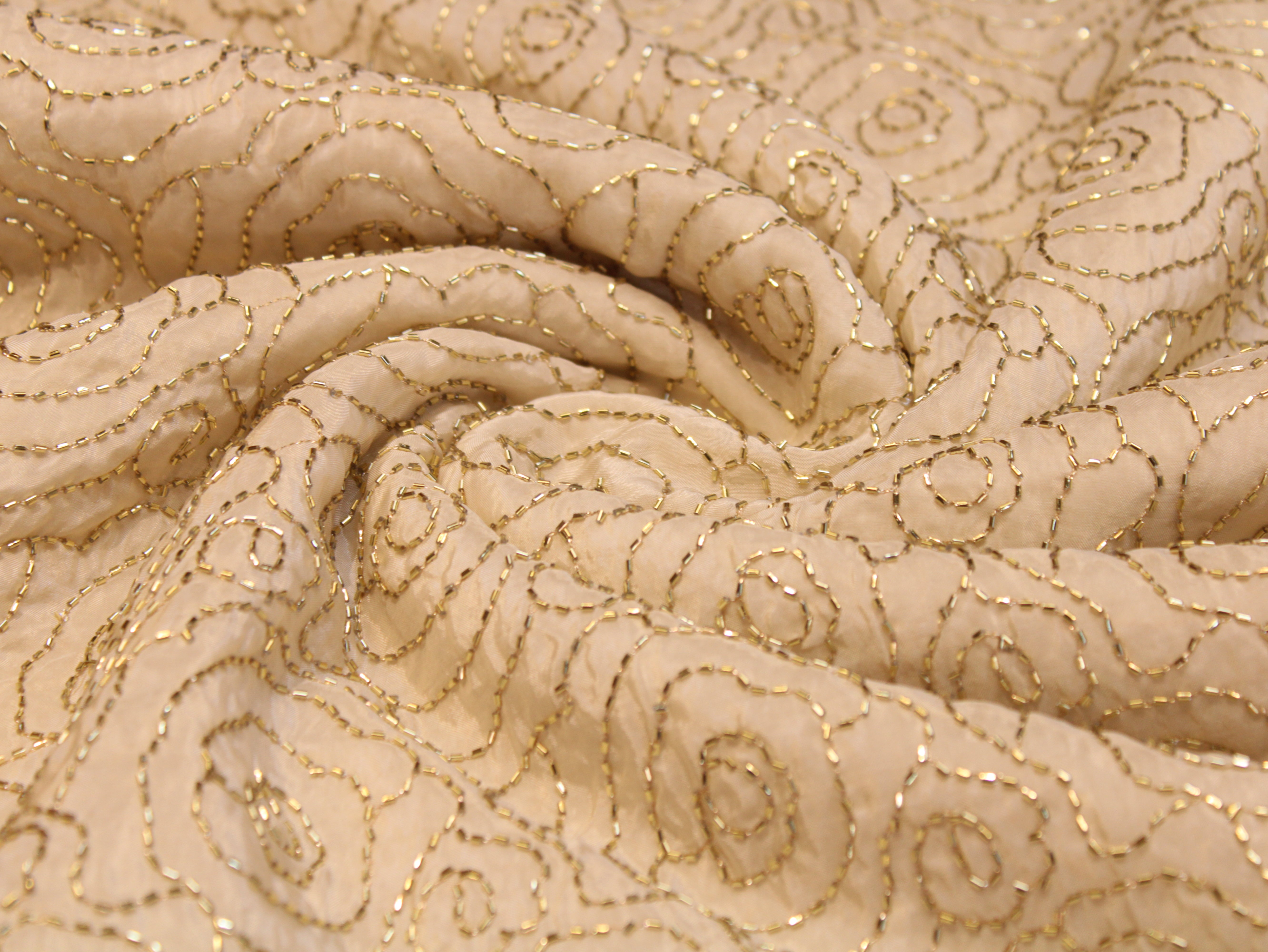 Pure Natural Crepe Fabric with Premium Pipe Beads Work - Cream