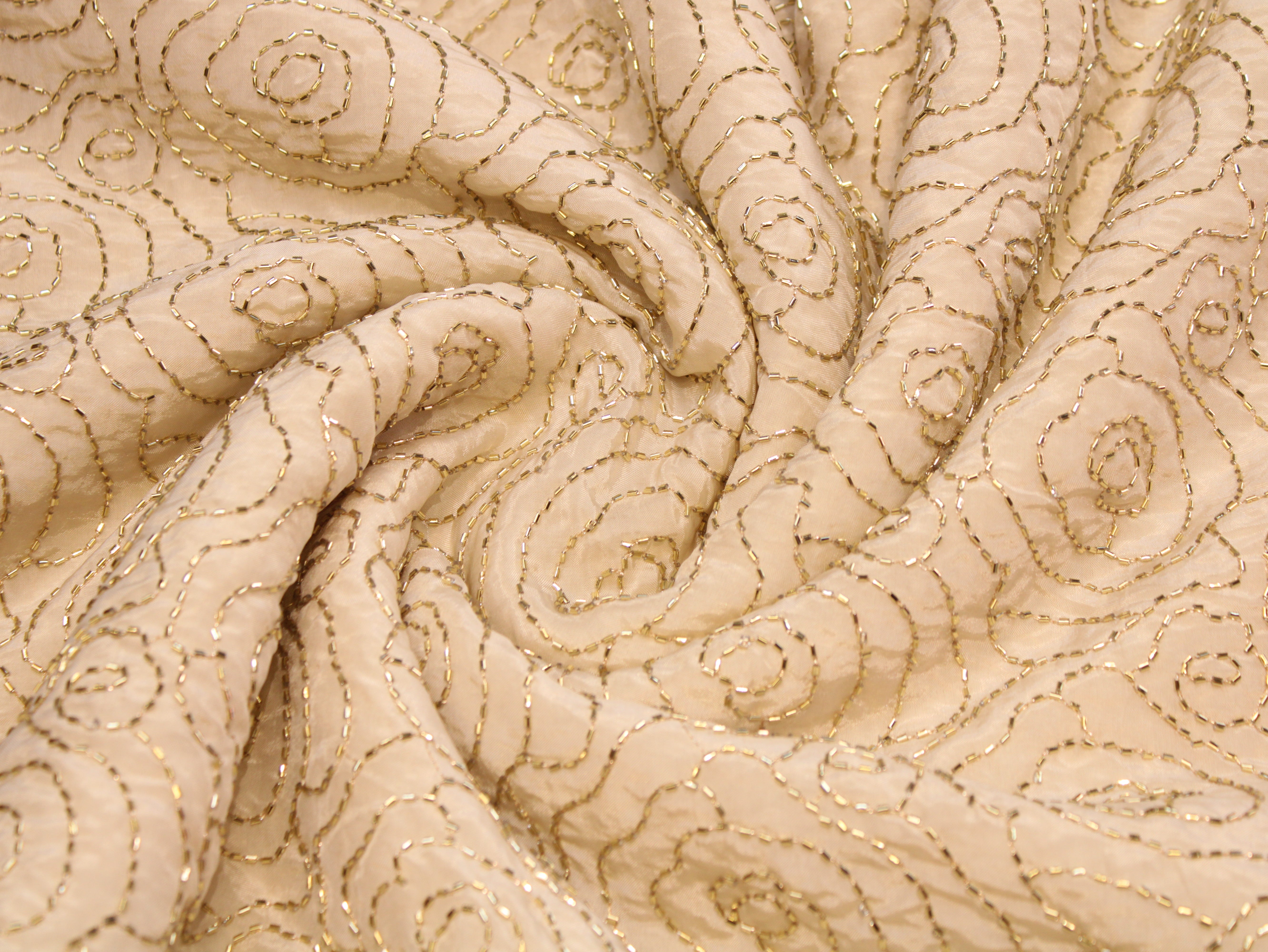 Pure Natural Crepe Fabric with Premium Pipe Beads Work - Cream