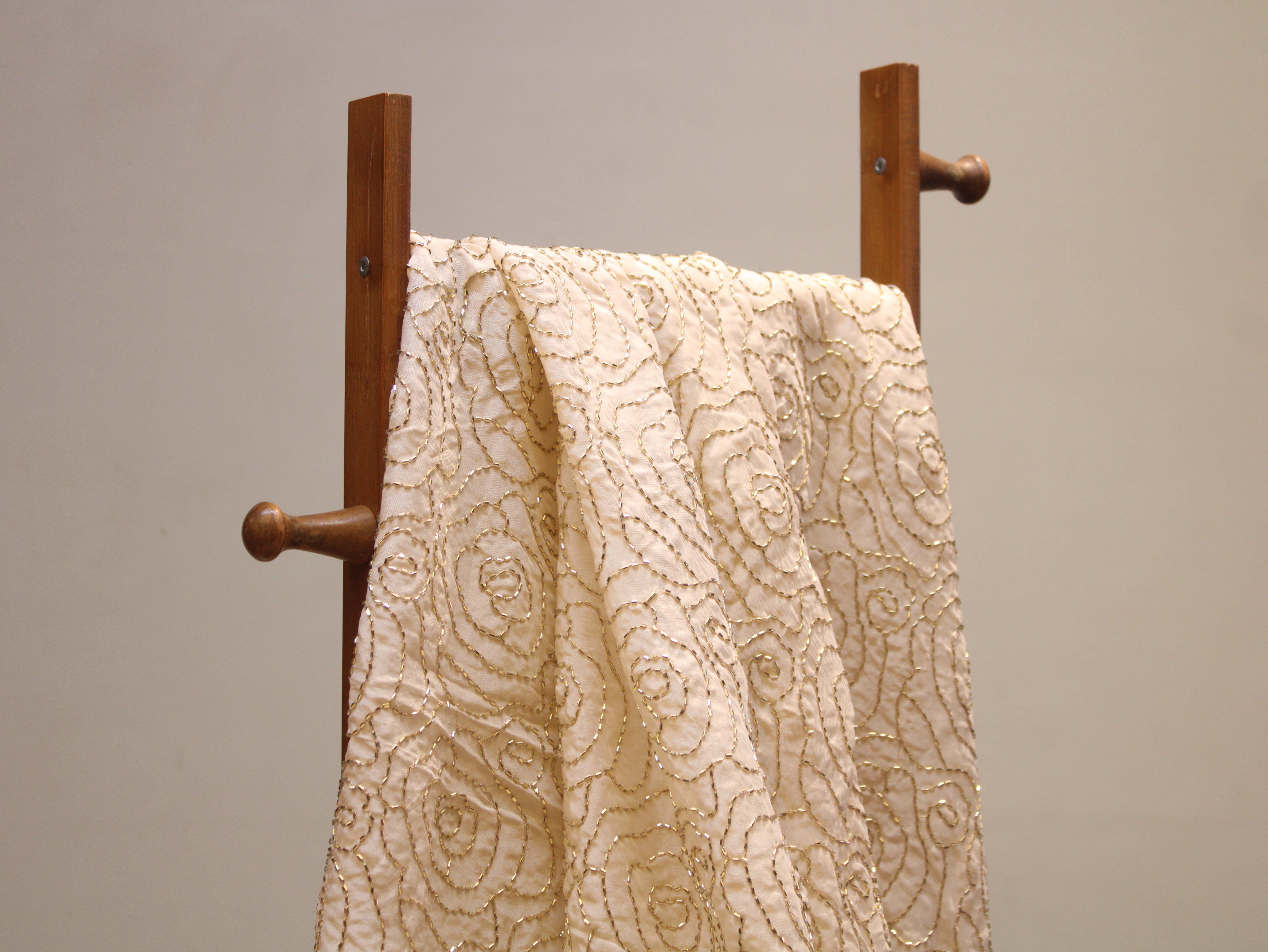 Pure Natural Crepe Fabric with Premium Pipe Beads Work - Cream