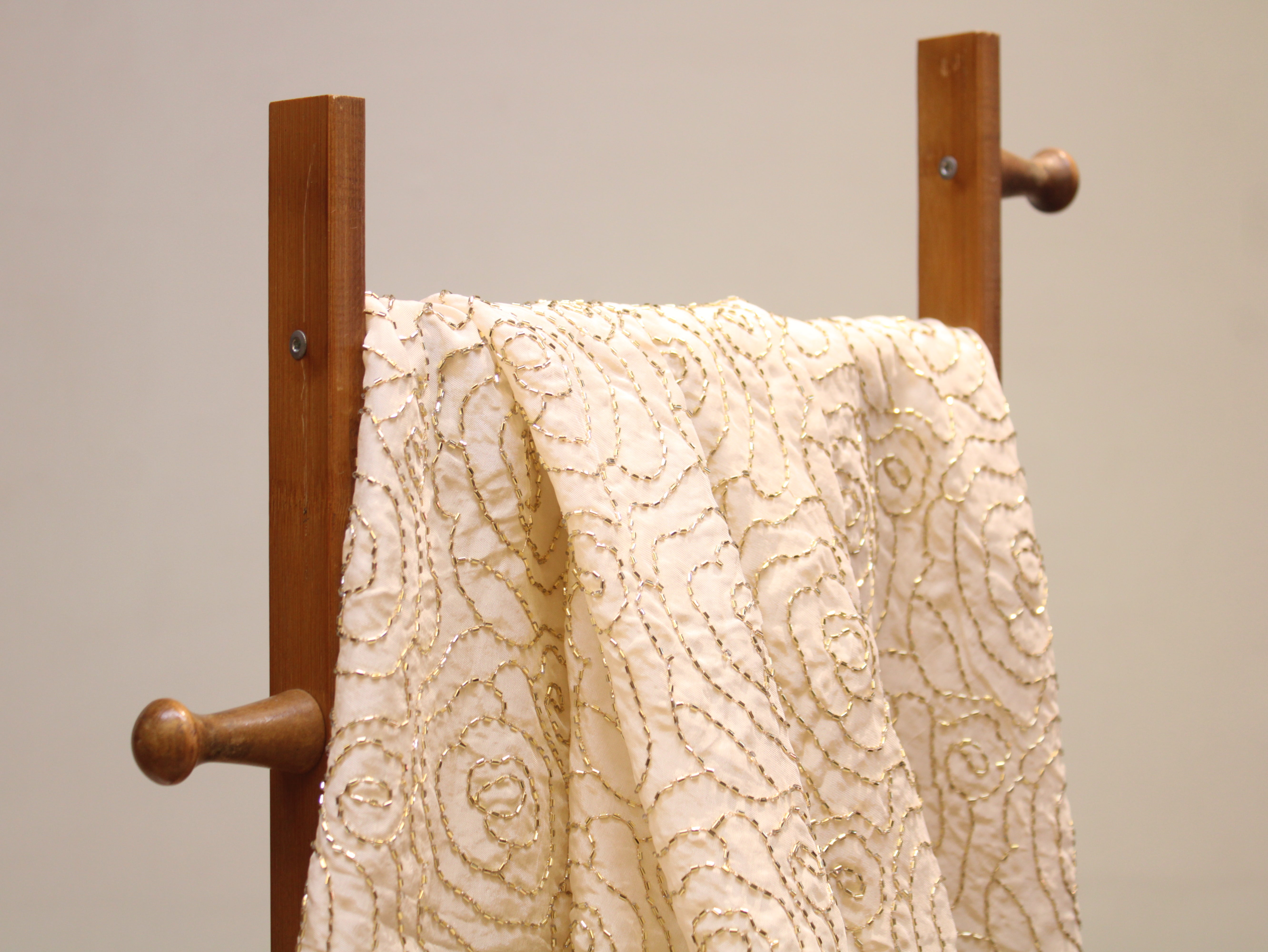 Pure Natural Crepe Fabric with Premium Pipe Beads Work - Cream