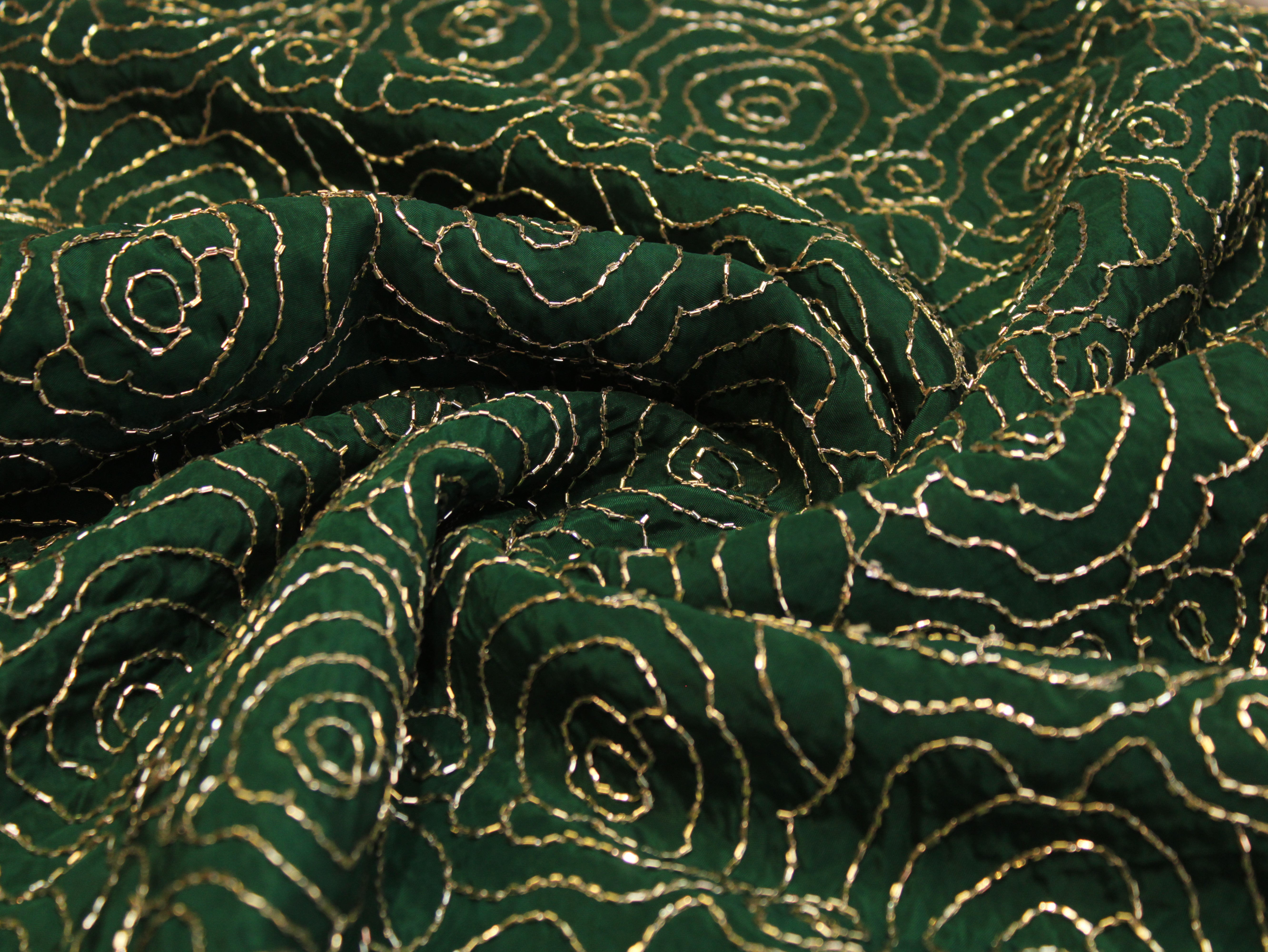 Pure Natural Crepe Fabric with Premium Pipe Beads Work - Dark Green