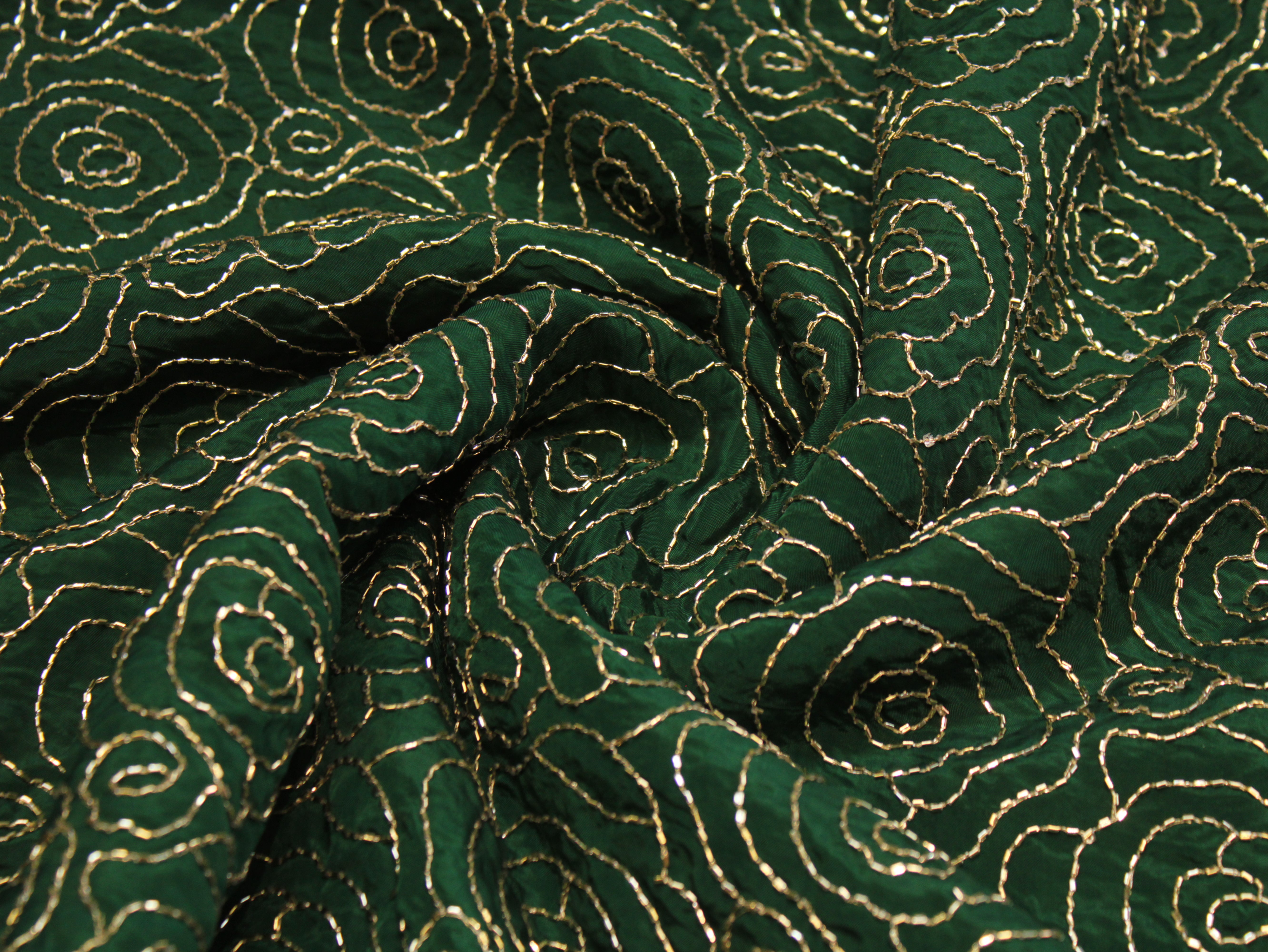 Pure Natural Crepe Fabric with Premium Pipe Beads Work - Dark Green