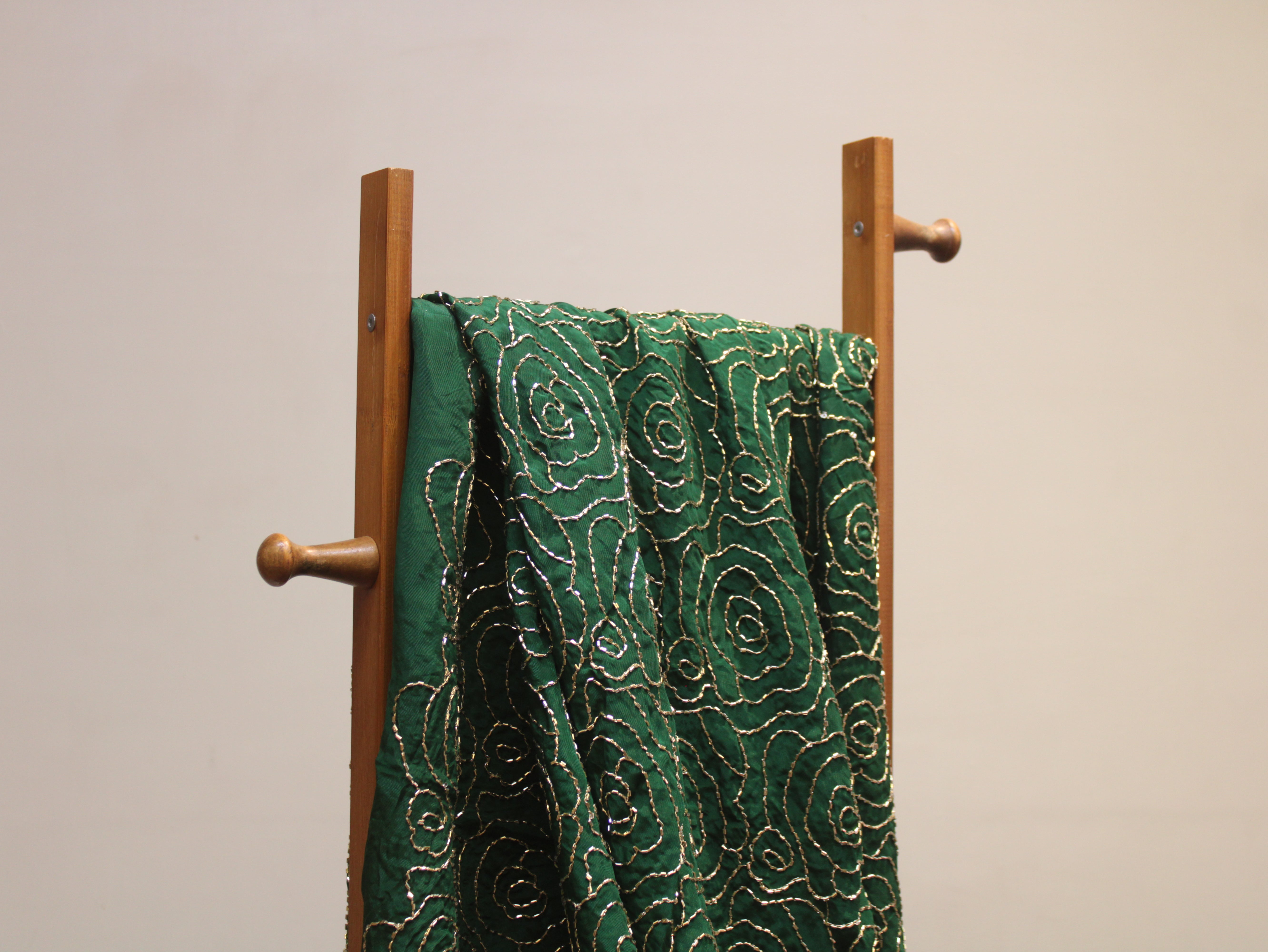 Pure Natural Crepe Fabric with Premium Pipe Beads Work - Dark Green