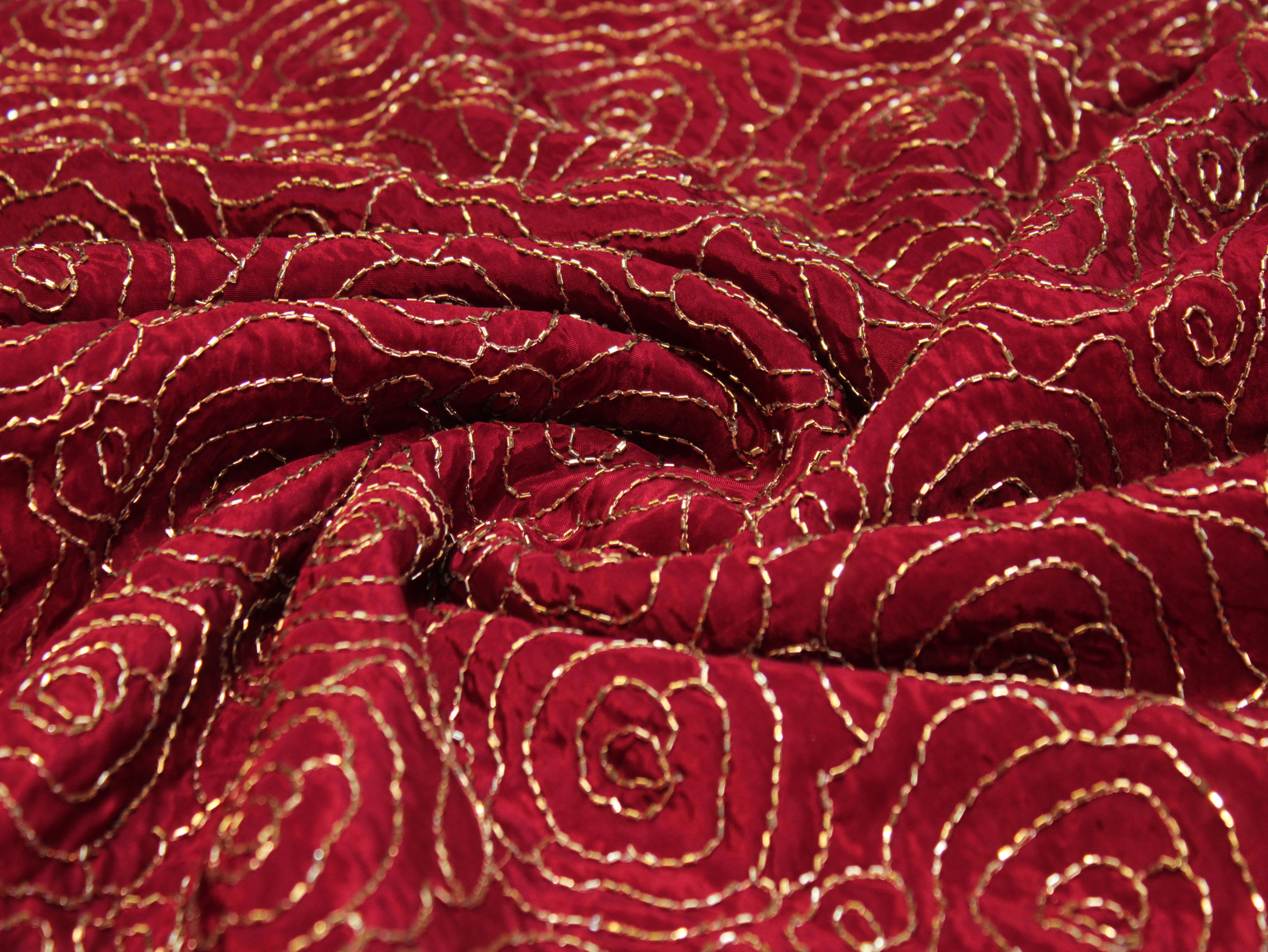 Pure Natural Crepe Fabric with Premium Pipe Beads Work - Maroon