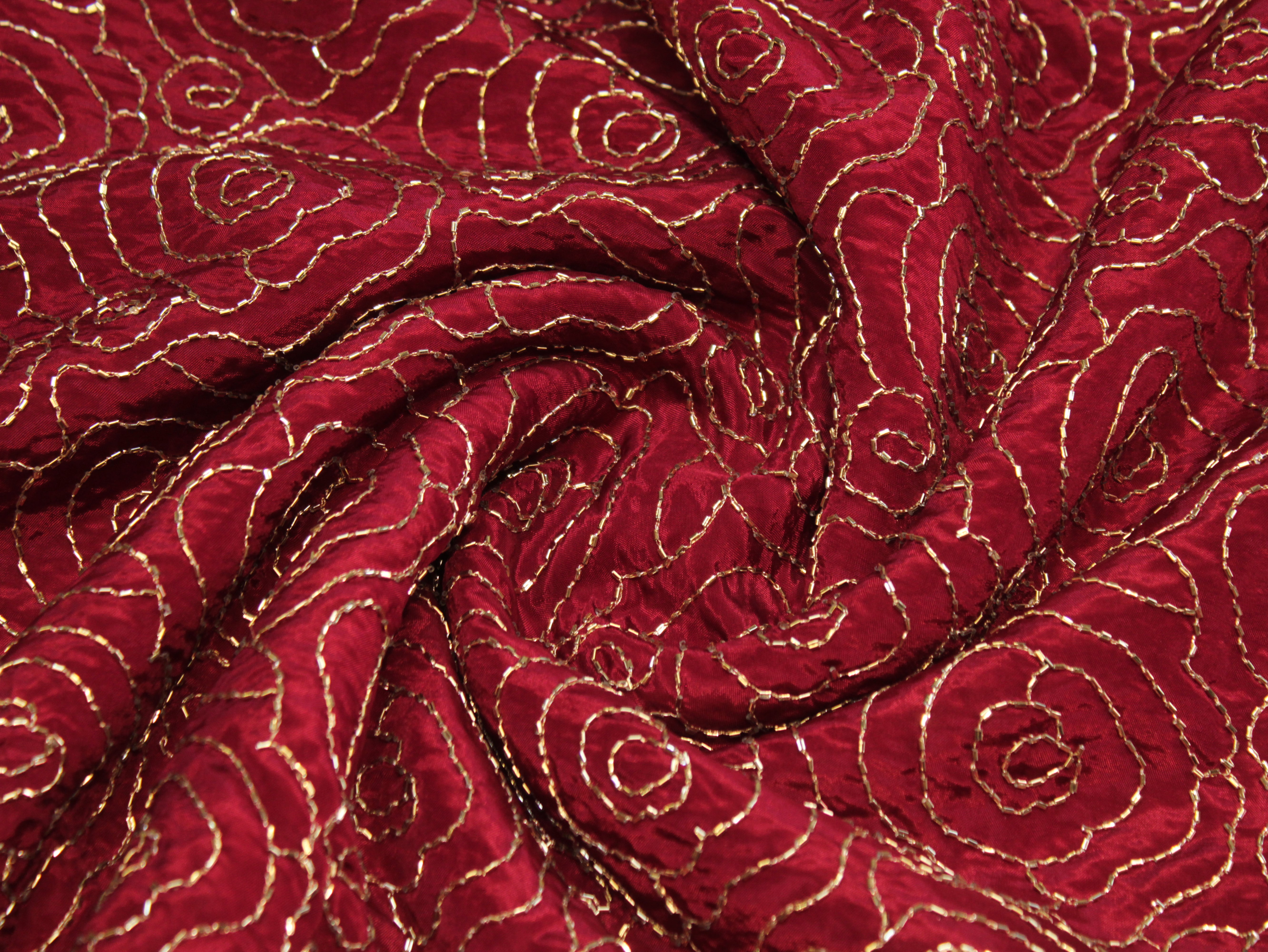 Pure Natural Crepe Fabric with Premium Pipe Beads Work - Maroon