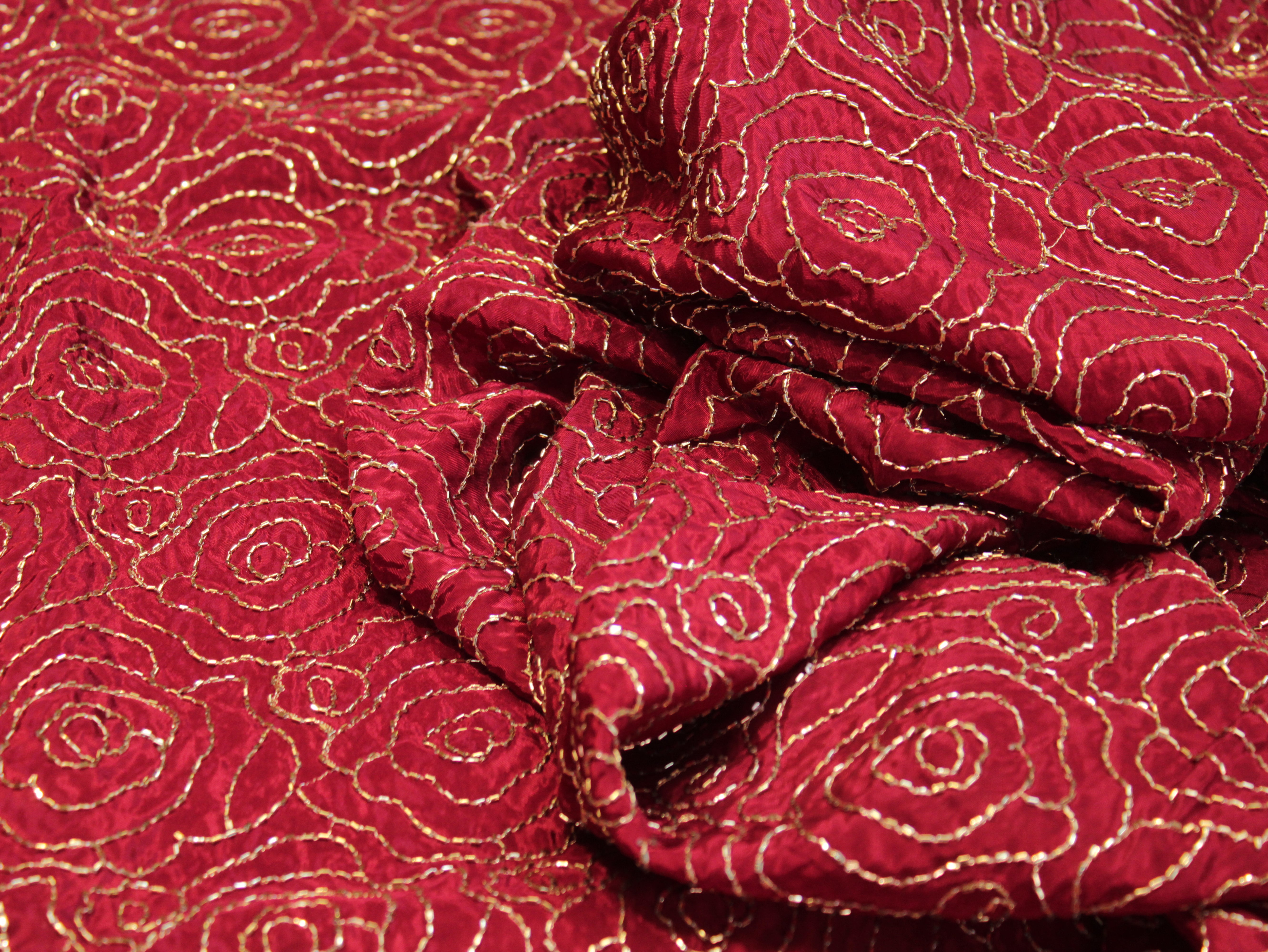 Pure Natural Crepe Fabric with Premium Pipe Beads Work - Maroon