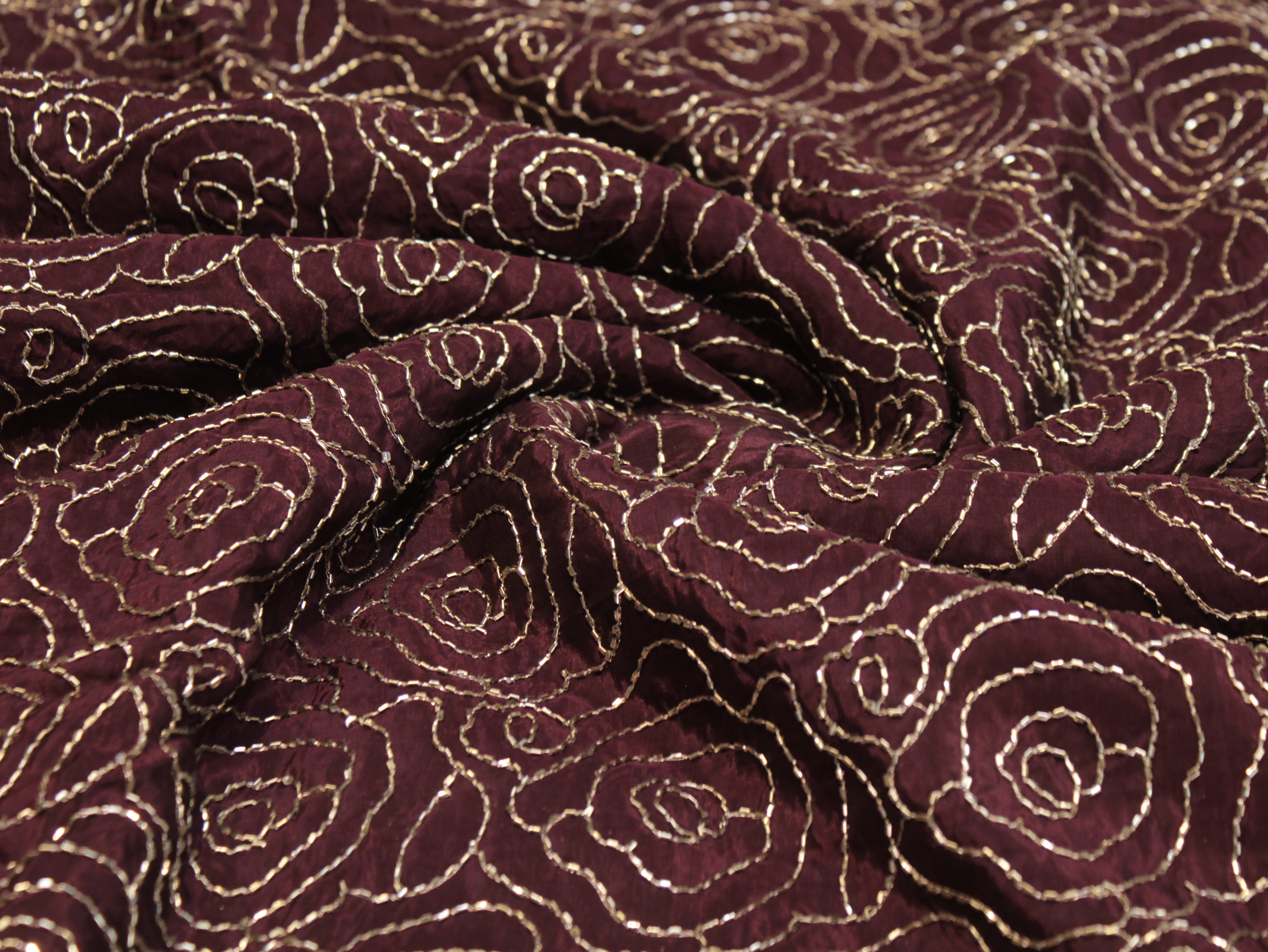 Pure Natural Crepe Fabric with Premium Pipe Beads Work - Wine
