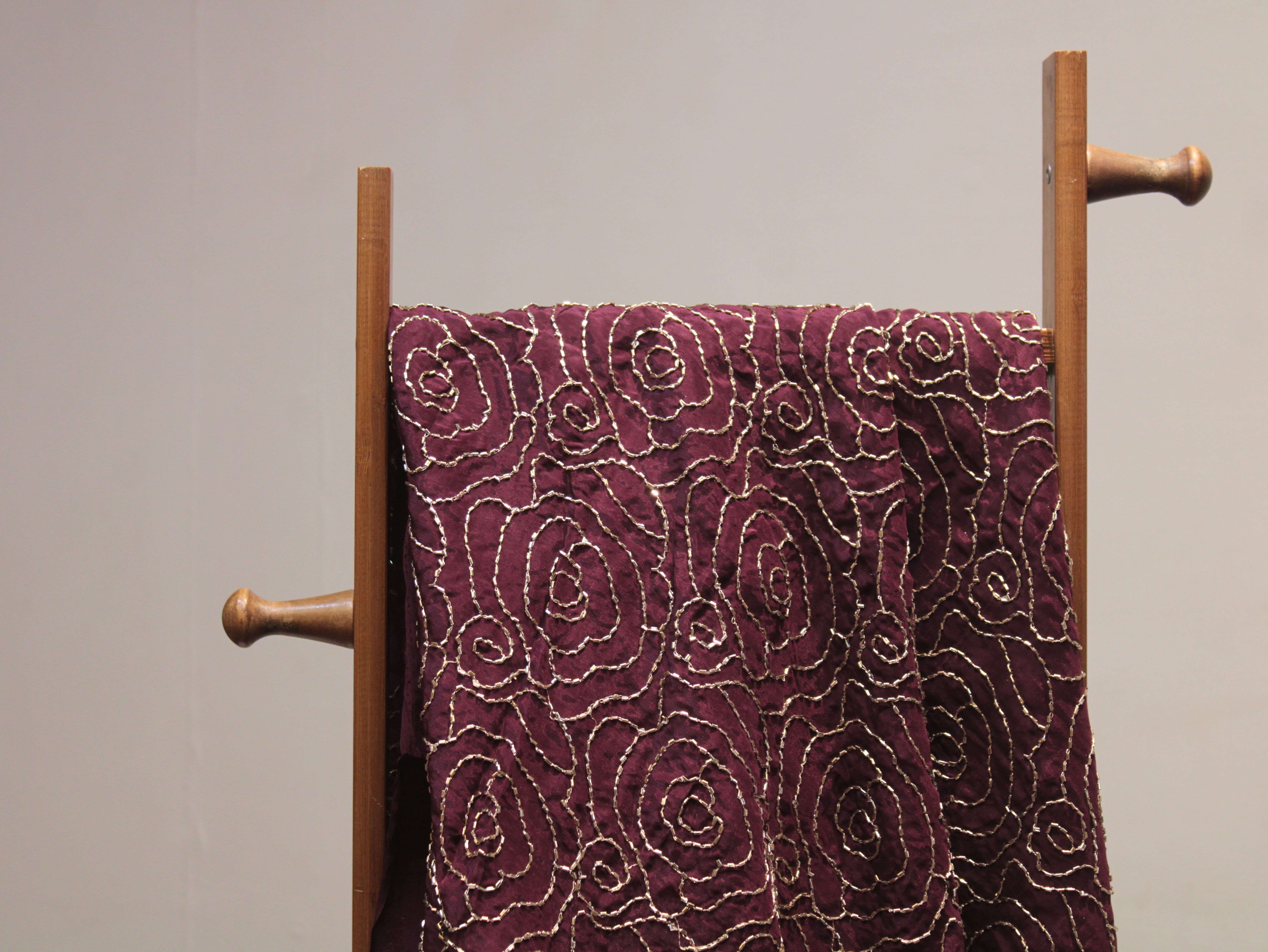 Pure Natural Crepe Fabric with Premium Pipe Beads Work - Wine