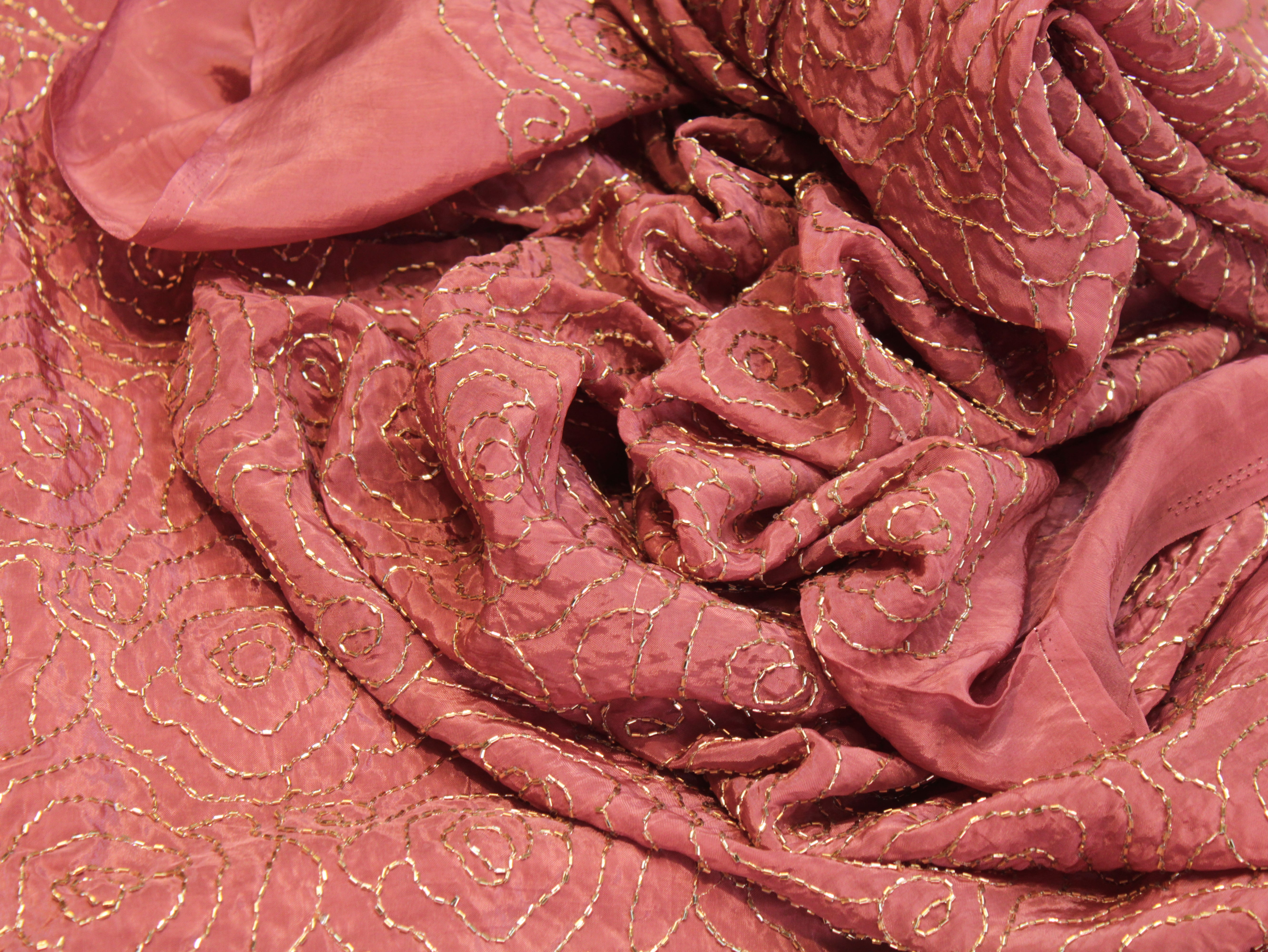 Pure Natural Crepe Fabric with Premium Pipe Beads Work - Dusty Rose