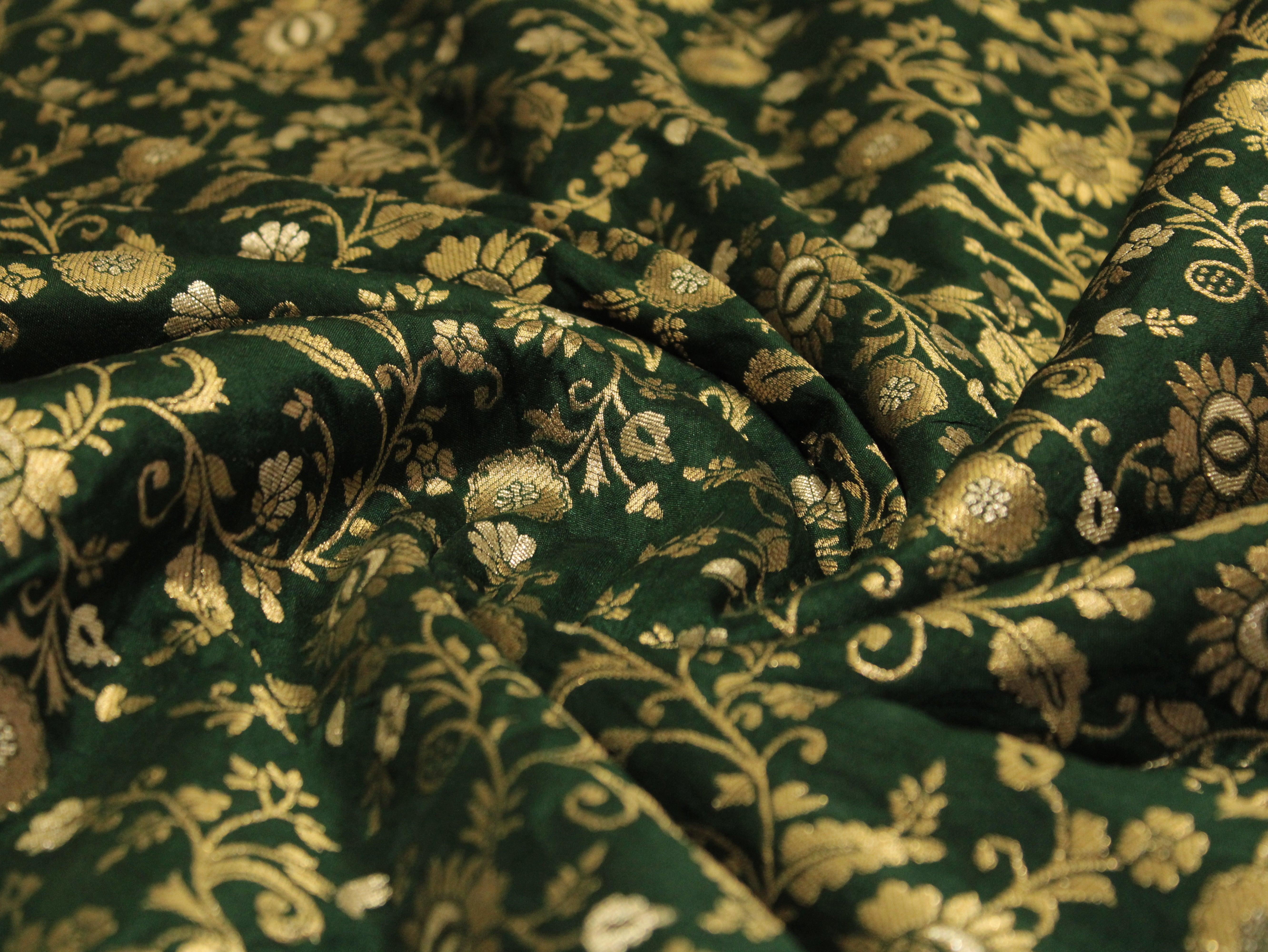 Banarsi Floral Brocade Fabric - Green - M'Foks