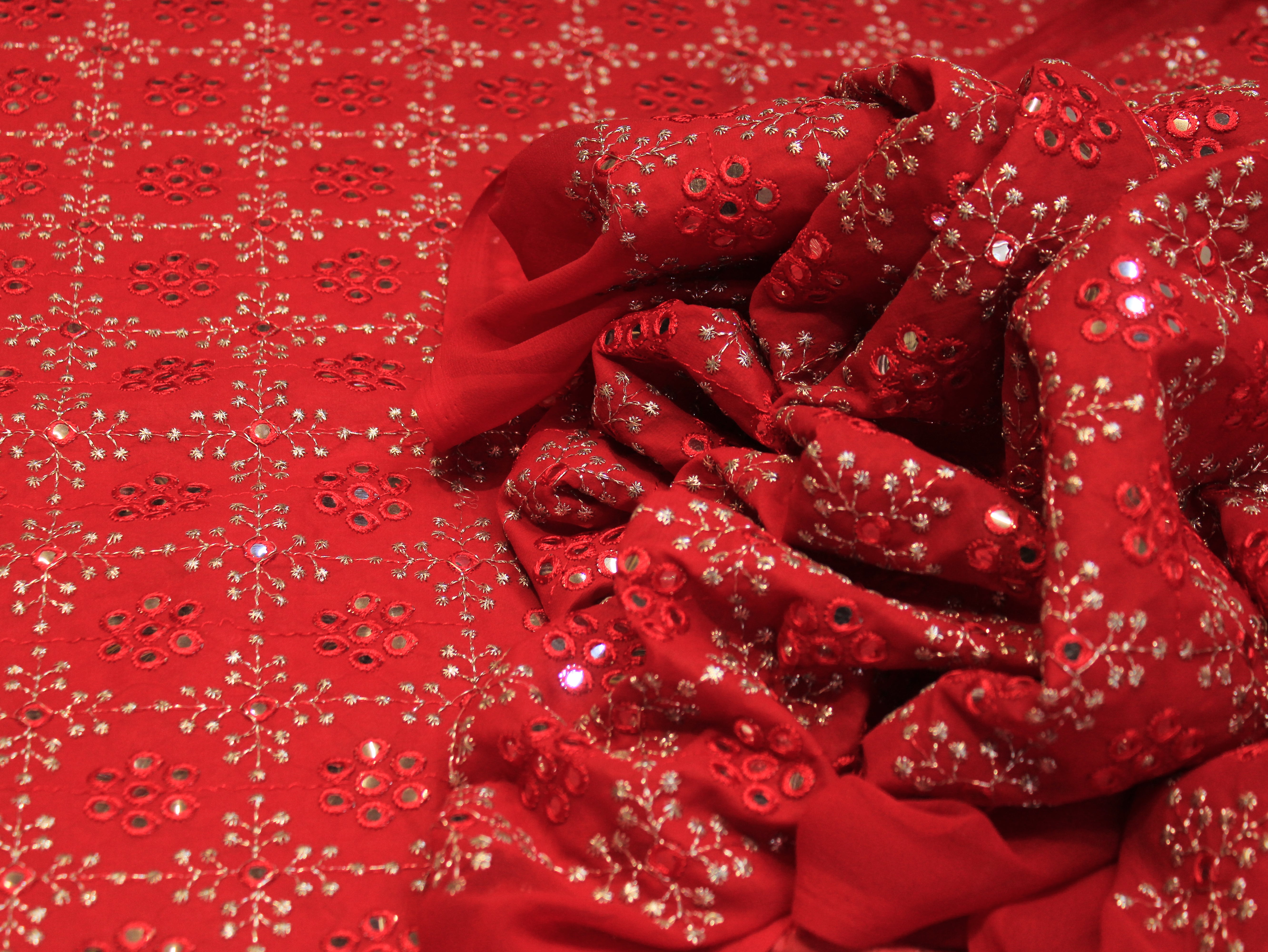 Georgette Fabric with Silver Zari Work - Red