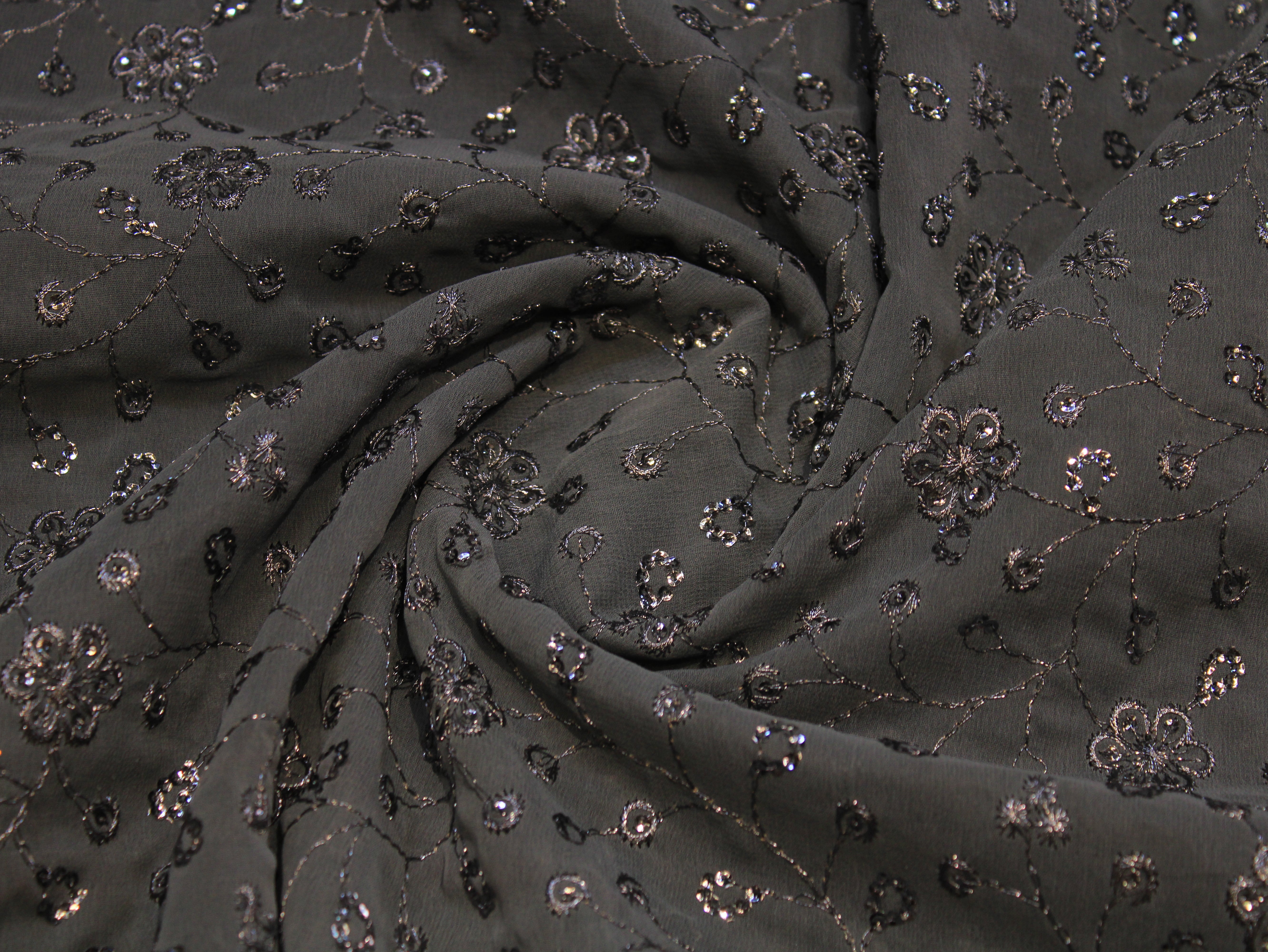 Dark Grey Georgette Sequin Work Fabric
