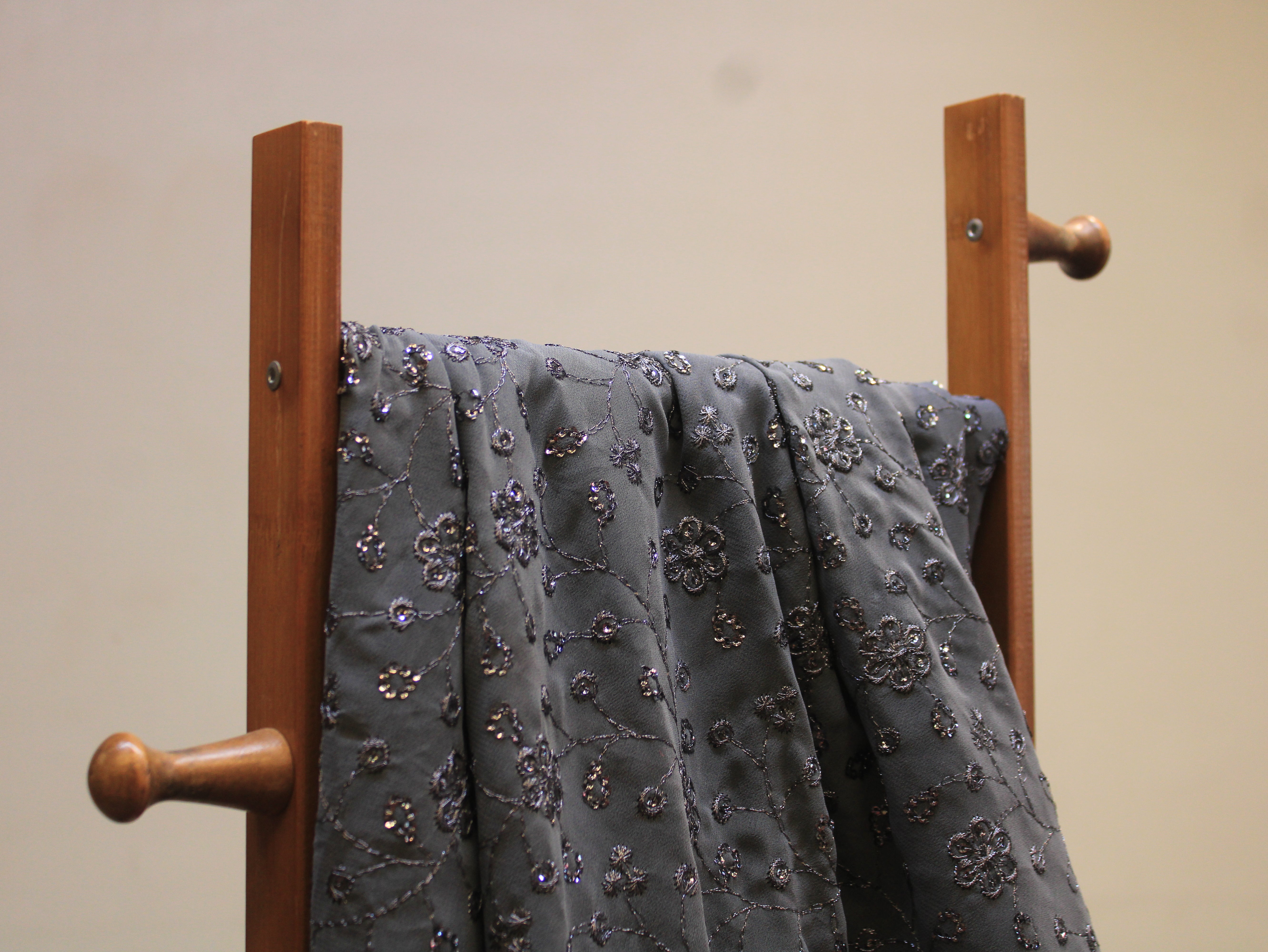 Dark Grey Georgette Sequin Work Fabric