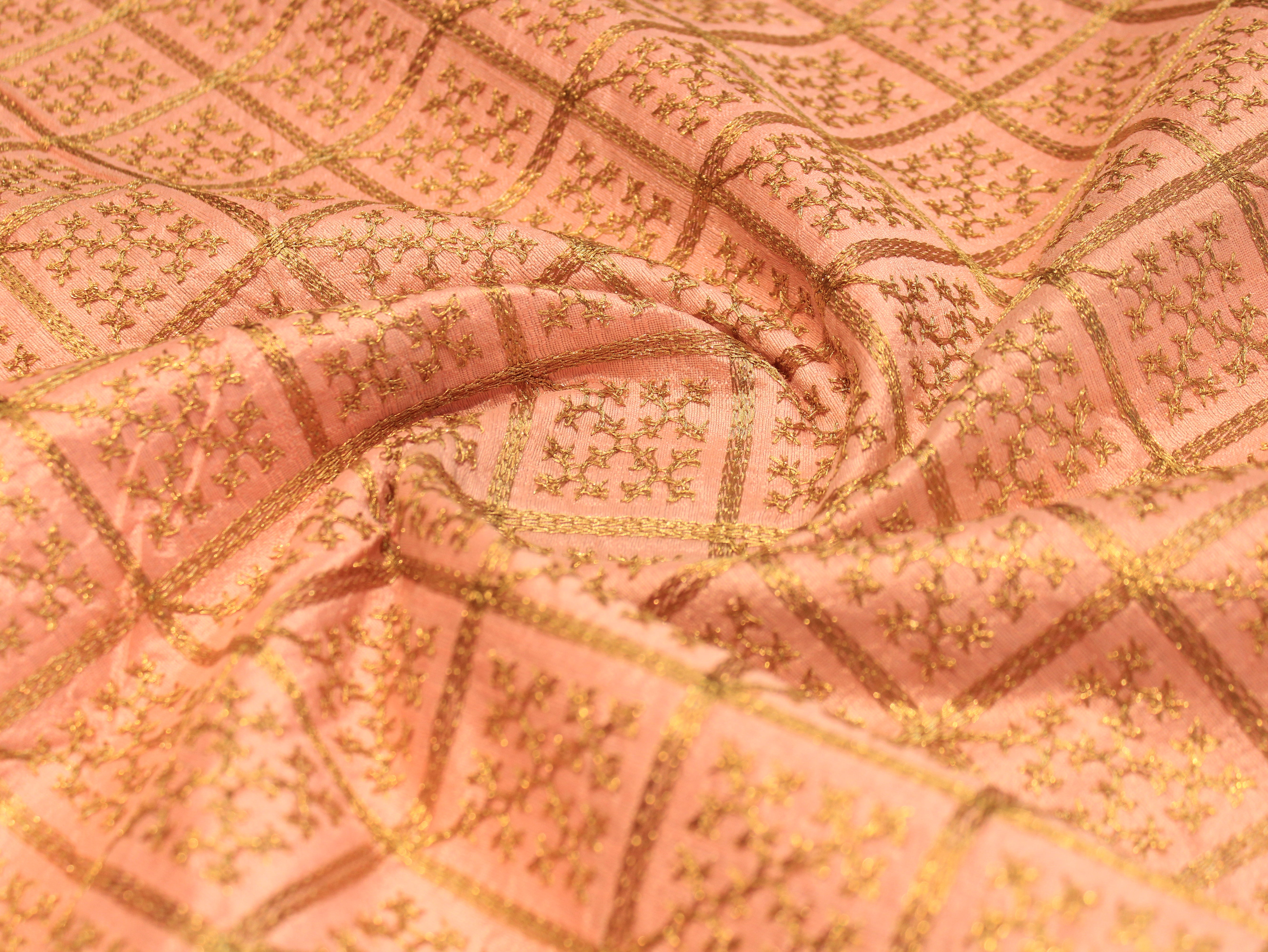 Peach Dupion Silk Fabric with Golden Zari Work