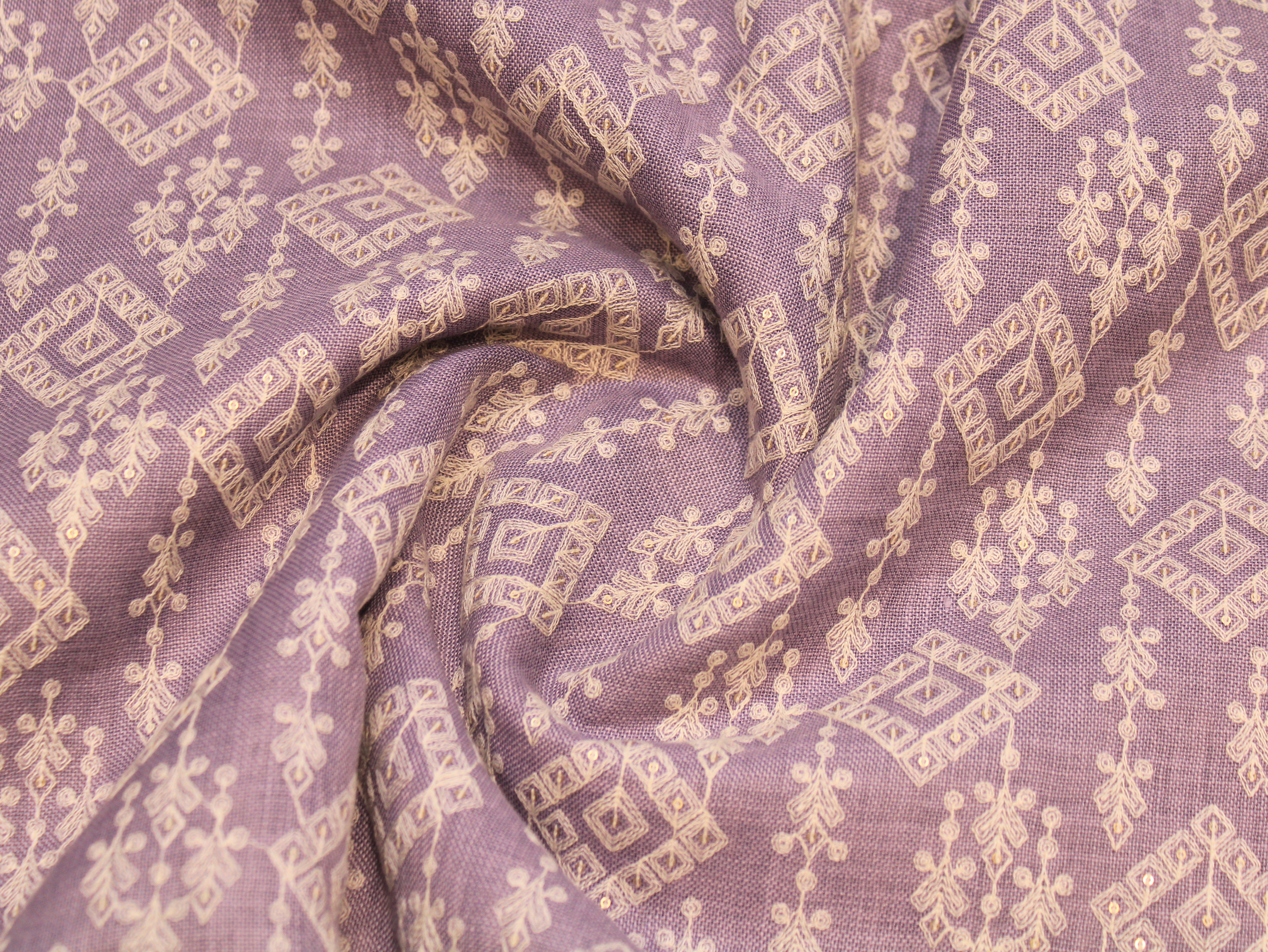 Cotton Linen Texture Fabric with Zari & Thread Embroidery - Purple